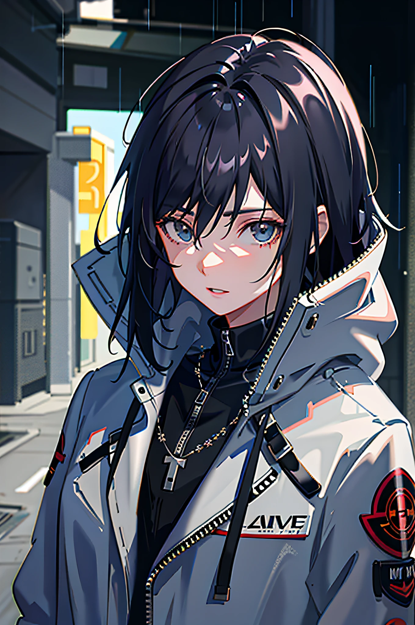 1girl, jacket, rain, outdoor, hoodie, open jacket, chain, backpack, looking at another, messy hair, trending on artstation, 8k resolution, highly detailed, anatomically correct, sharp image, digital painting, concept art, trending on pixiv, style of makoto shinkai,