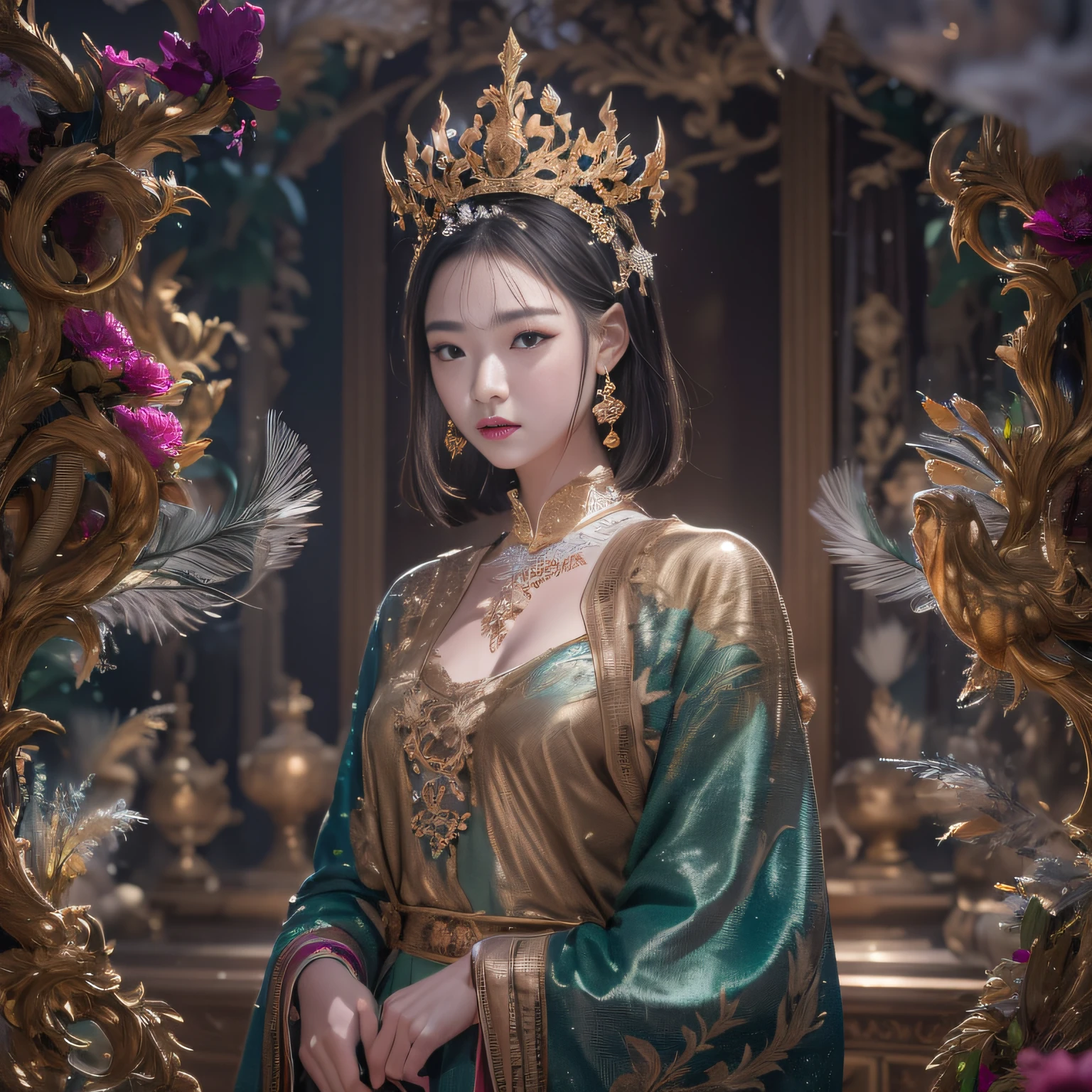 32k(tmasterpiece,k hd,hyper HD,32k)short detailed hair,Gold jewelry area in the back room,Flame Girl ,Yao Lang protector (realisticlying:1.4),Python pattern robe,Purple-pink tiara,Snowflakes fluttering,The background is pure,Hold your head high,Be proud,The nostrils look at people, A high resolution, the detail, RAW photogr, Sharp Re, Nikon D850 Film Stock Photo by Jefferies Lee 4 Kodak Portra 400 Camera F1.6 shots, Rich colors, ultra-realistic vivid textures, Dramatic lighting, Unreal Engine Art Station Trend, cinestir 800,Hold your head high,Be proud,The nostrils look at people