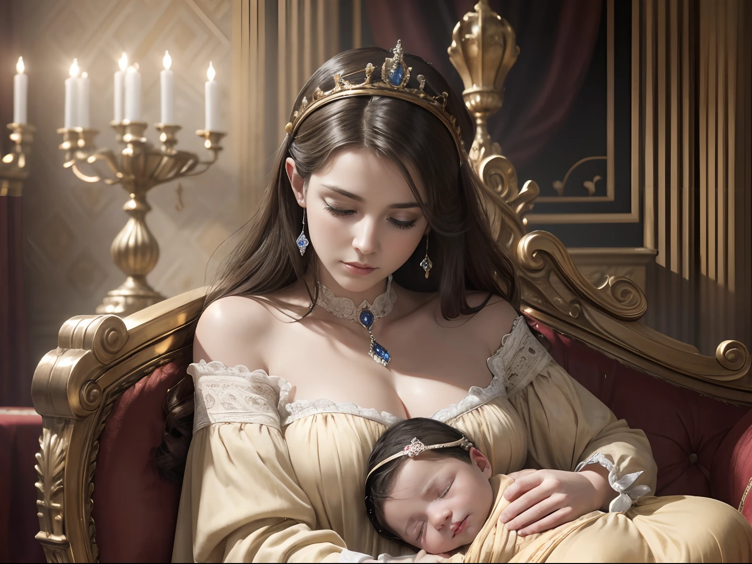 masterpiece, Highly detailed, super realistic,detailed background, bright Lighting, Daylight,
beautiful face, beautiful eyes, medieval style, solo, 4k, 8k,
(Royal Palace Living Room),(Luxurious crib in Victorian style),
(Newborn sleeping in bed),(close up),