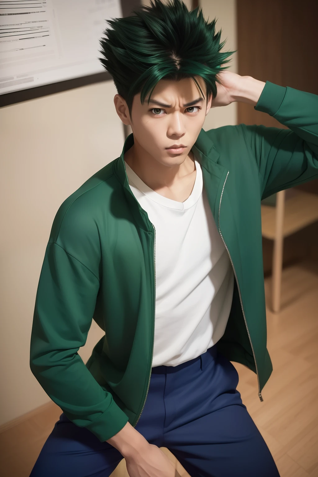 An ultra-high picture quality, Allback, Yu Yu Hakusho, Urahan Yusuke, student clothes, Green short run, slacks, Sharp eyes, badness