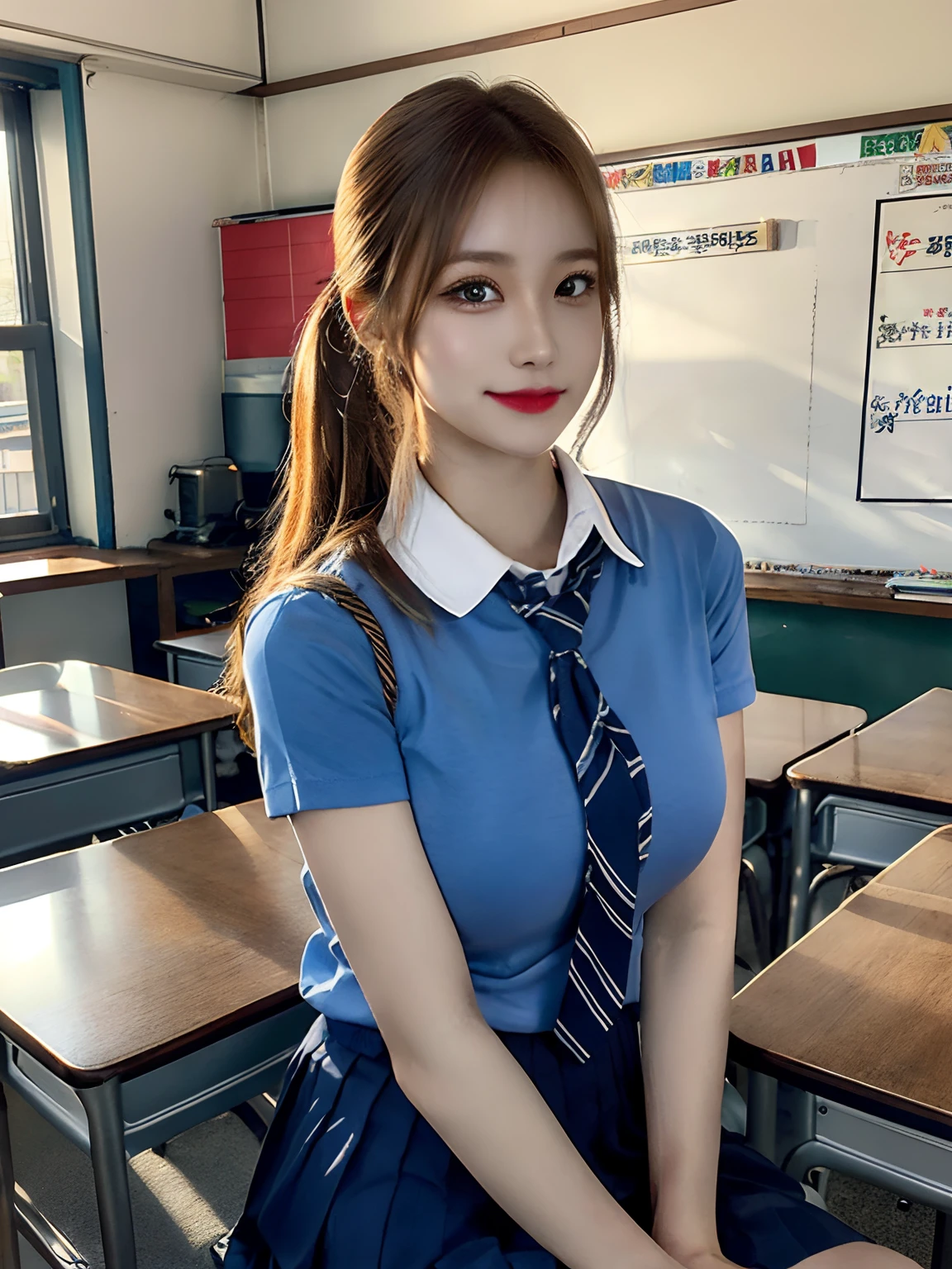masutepiece, Best Quality, japanaese girl, 8K, Raw photo, top-notch quality, masutepiece, nffsw:1.2, exceptionally detailed RAW color photo, professional-grade photograph, (Realistic, Photorealistic:1.37), (highly detailedskin:1.2), Ultra-high resolution, (lenz 50mm), (masutepiece, top-quality:1.3), (Ultra detailed 8K cg:1.2), (hyper realisitic:1.35), (Photorealistic:1.45), (Realistic:1.4), Cowboy Shot,
1 beautiful Japanese girl, 22 years old, super model, Japanese Idol, __expression__, Large breasts, (sitting on the desk:1.1), (School uniform:1.4), (Spread legs:1.2),
(School classroom background:1.1)、Korean Idol、Nogizaka Idol、hposing Gravure Idol、Adults、女優, blonde hair, casual hair style, ponytail, big breasts,(naked),