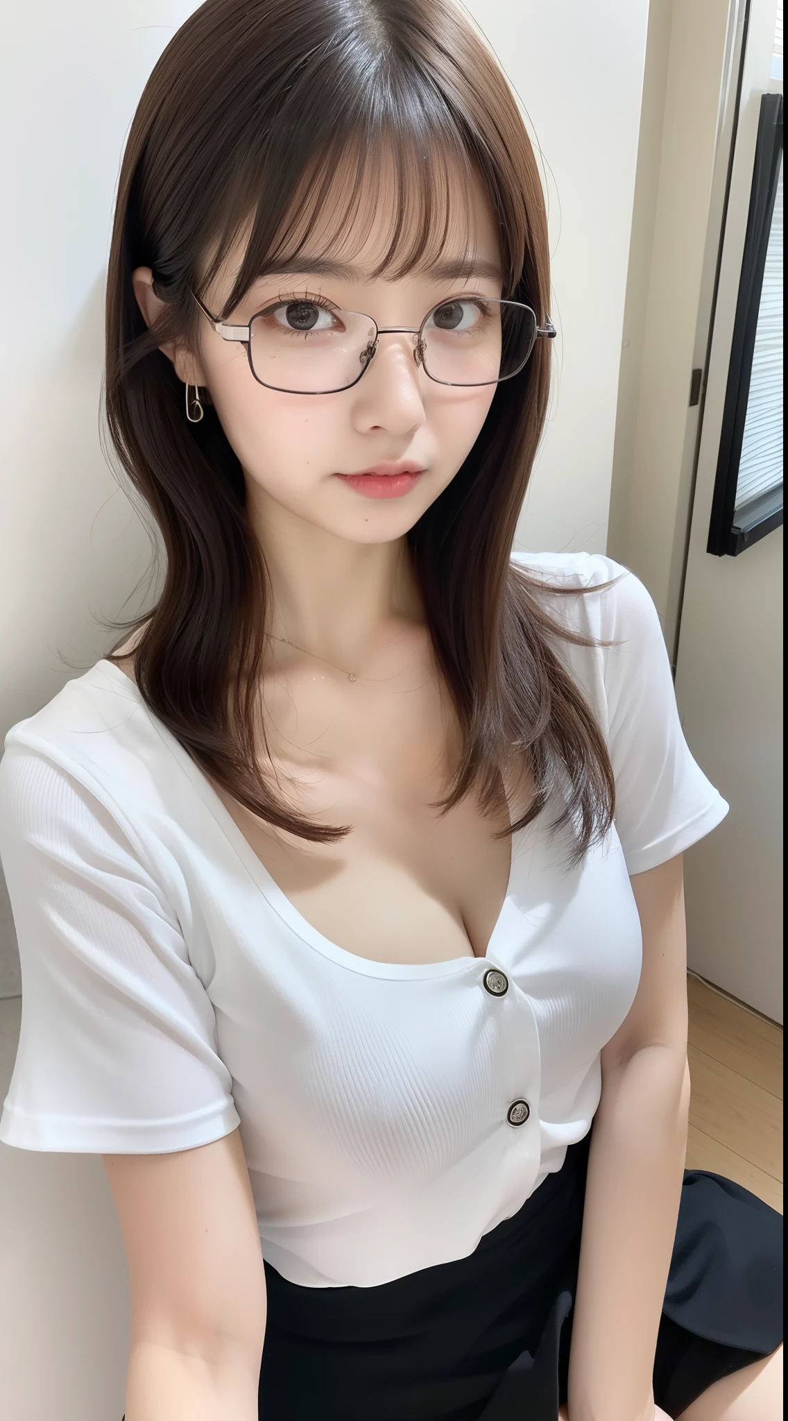 1girl in、Tight white shirt、Open the button、cleavage of the breast、Tight black mini skirt、Rimless glasses、crouching down、Smooth long hair、Ahoge、kawaii、japanaese girl、、