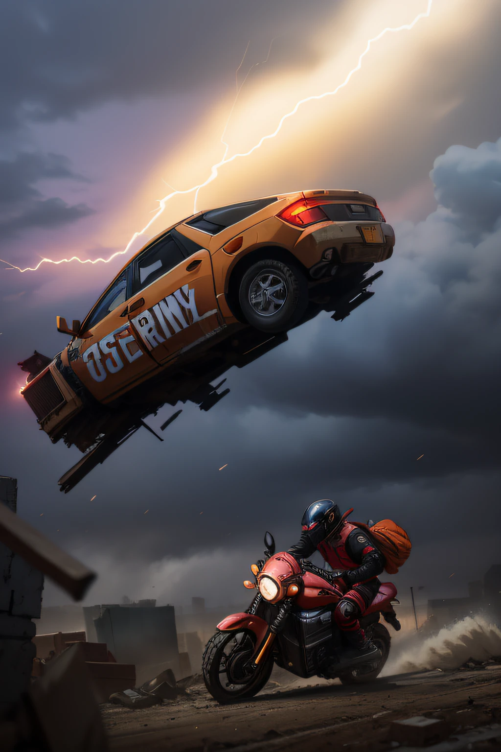 On the occasion of the doomsday storm, Li Ming, a college student, drove his motorcycle across the rubble。The once bustling city has become a mess, Broken poles, Collapsed buildings, and the tin roof that was overturned by the wind。In the sky, Lightning flashes, The storm blows the sand and dust to a suffocating degree。