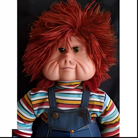 a closeup of a stuffed doll with red hair, estilo Chucky, Chucky, fantoche de pano realista, ventriloquist dummy, garbage pail kids style, children garbage bucket, red ronald mcdonald messy hair, fobia de boneca, altamente perturbador, plush doll, bochechas grandes enrugadas, imagem vazada, Alf, hideous appearance, with detailed facial features