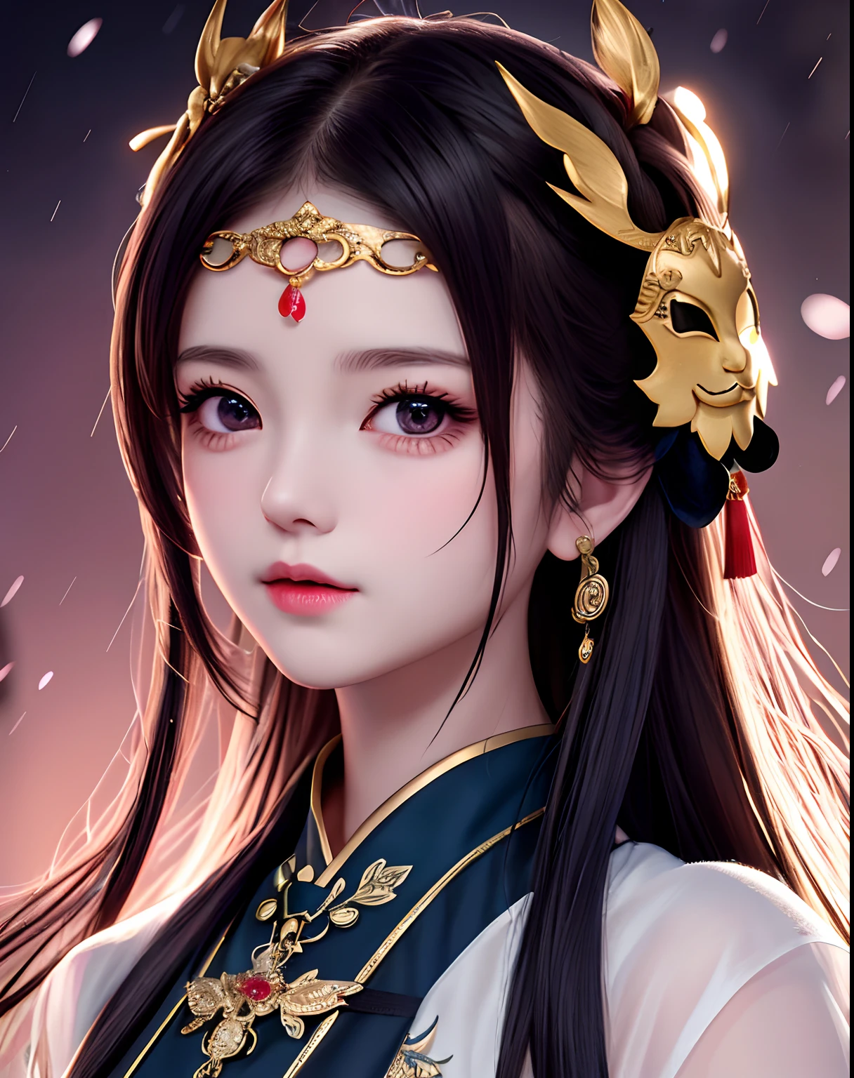 Master masterpieces,illustration,teens girl,Detailed depiction,raining night,ninjartist,A detailed eye,(Chinese costumes),(short sword),(Lightning),(Black flower mask)(Cold),(The red pattern on the face),Indifferent eyes,(Beautiful sharp eyes),(Impeccable)long and flowing hair,,Grim expression,Deep big eyes,cinematric light,Handsome(A masterpiece),(tmasterpiece),(Highest image quality),(detail-rich),(Clear face),(Beautiful and fine eyes)(Detailed facial depiction),(Meticulous hand description),(Beautiful CG),Extreme light and shadow,(Delicate facial features),