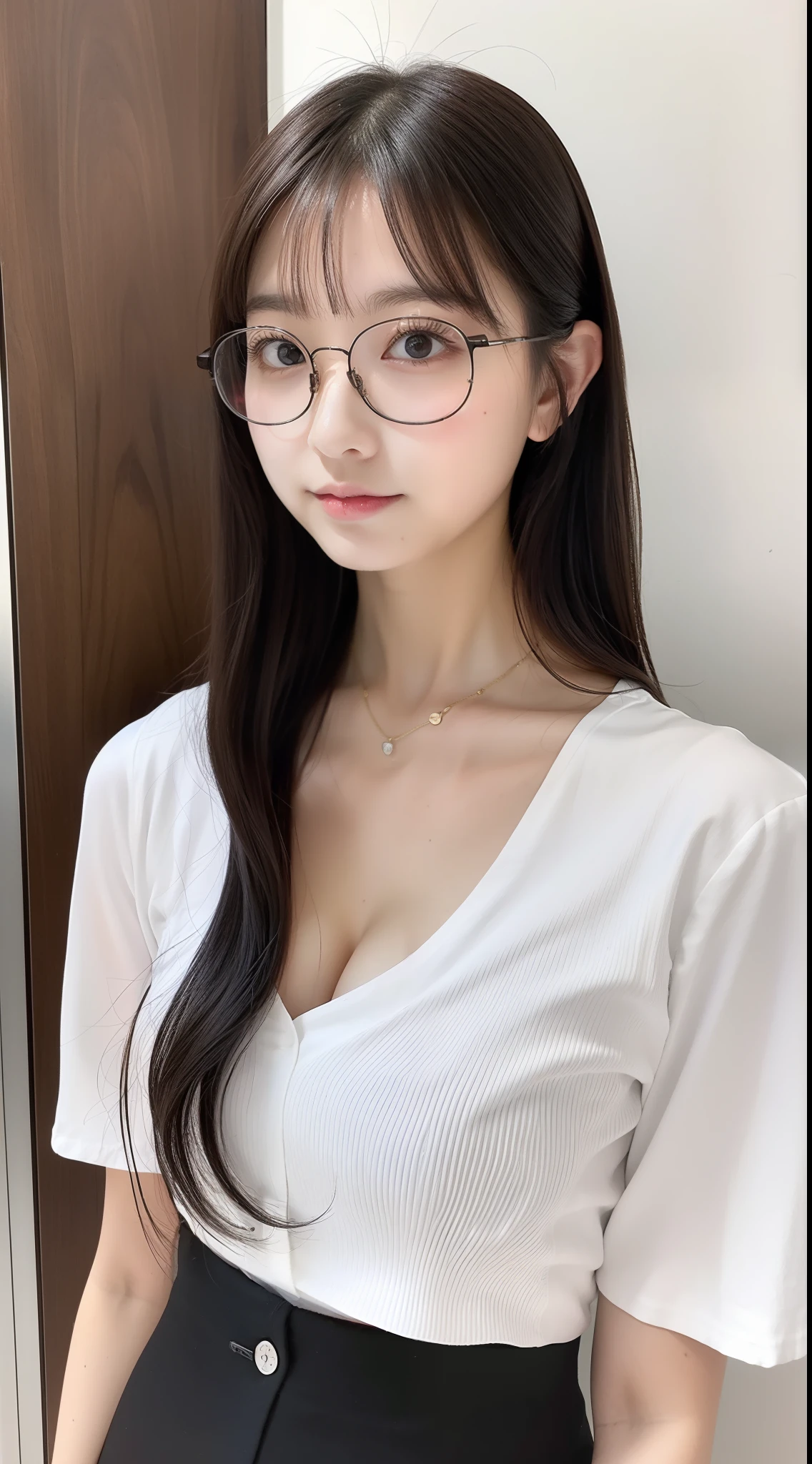 1girl in、Tight white shirt、Open the button、cleavage of the breast、Tight black mini skirt、Glasses with thin rimmes、Smooth long hair、Ahoge、kawaii、japanaese girl、、appearance々Model Pose、