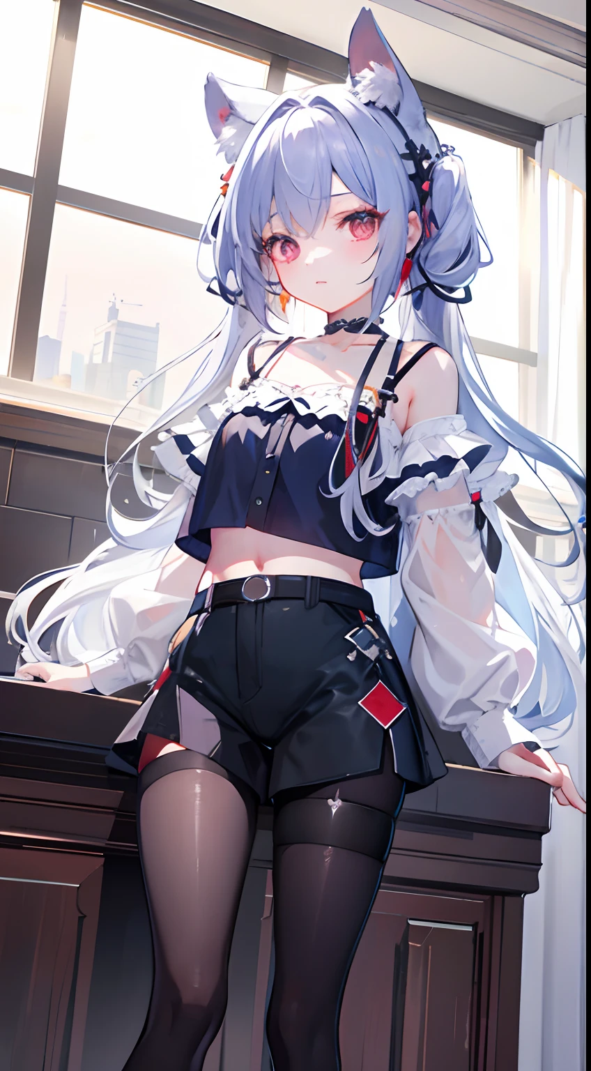 ,twins, Masterpiece,Best quality,offcial art,Extremely detailed Cg Unity 8K wallpaper, 2girls, cute female child, Yuri, hair adornments, Short shorts, Crop top, Pantyhose, ribbon_choker necklace, leg belt,