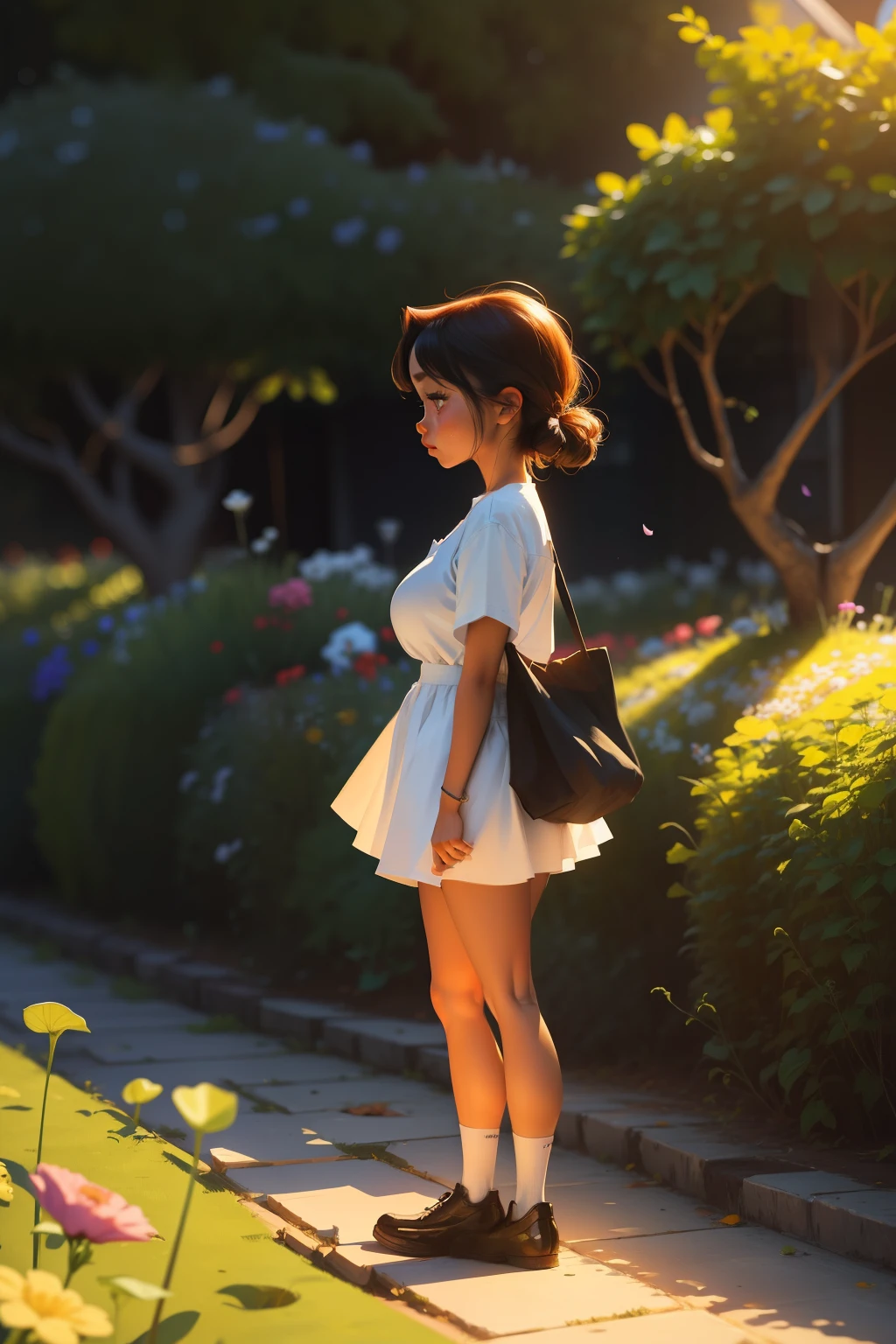 A 6 year old girl standing in the garden, looking at the ground, Look for something, She wears a gardener's clothes,, inquisitive, Side view of the scene, Perfect quality, Clear focus（mess - house：0.8）, （tmasterpiece：1.2） （realisticlying：1.2） （Bokeh） （best qualtiy） （skin detailed：1.3） （complexdetails） （8K） （eye detailed） （sharp fokus）, cartoon character, quadratic element, anime big breast, Luminism