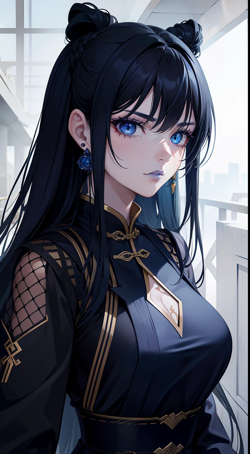 Adult woman, cabellos largos dorados, The eyes are blue, Black Chinese dress, scowling, blue lipstick, Masterpiece, hiquality,1girl,rola