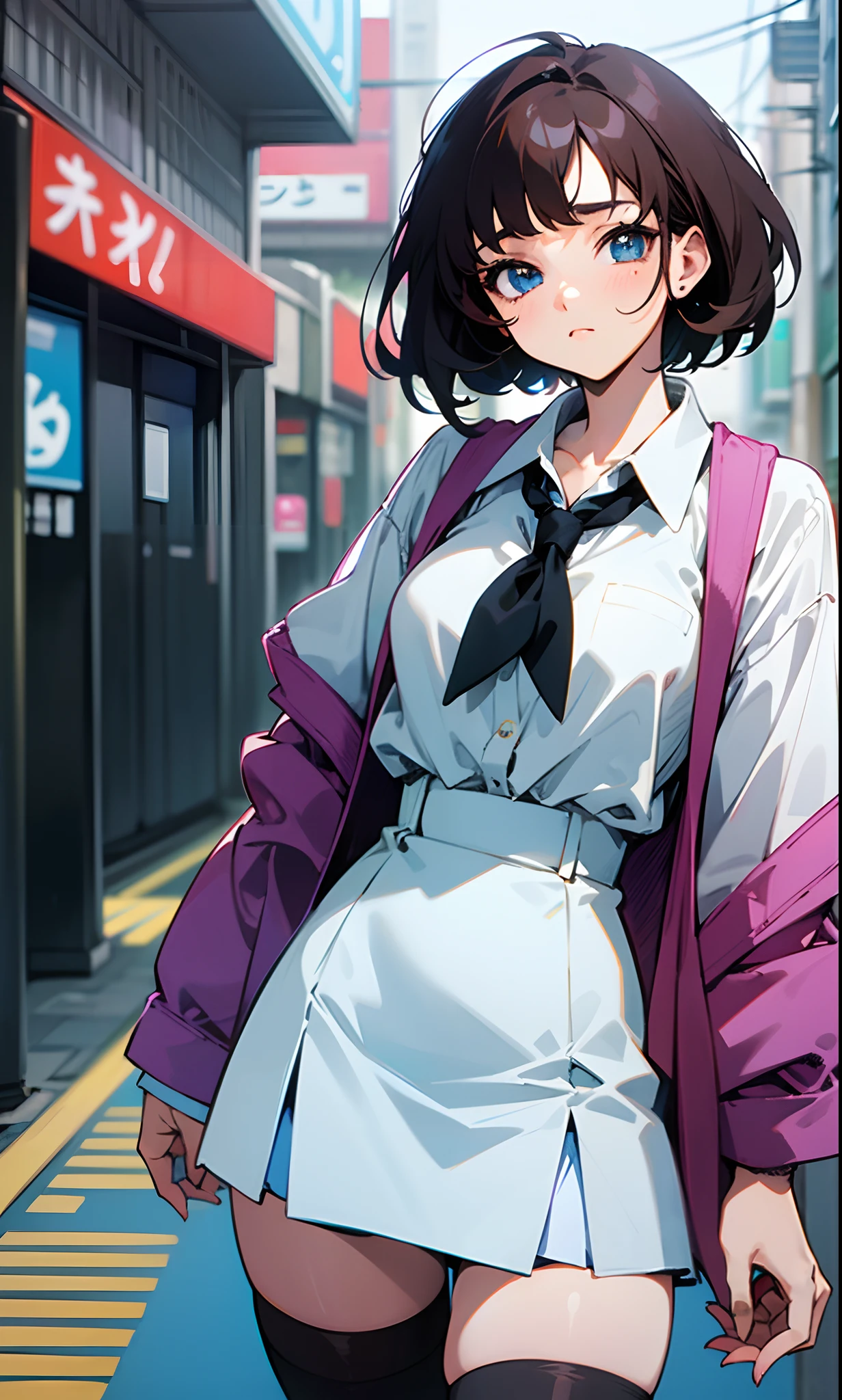 80s anime style image. a beautiful girl with a short hairstyle and dark hair, one ear is open, she has blue eyes, stands in the middle of the streets of Tokyo, she is dressed in a white blouse and a dark short skirt with stockings, --auto --s2