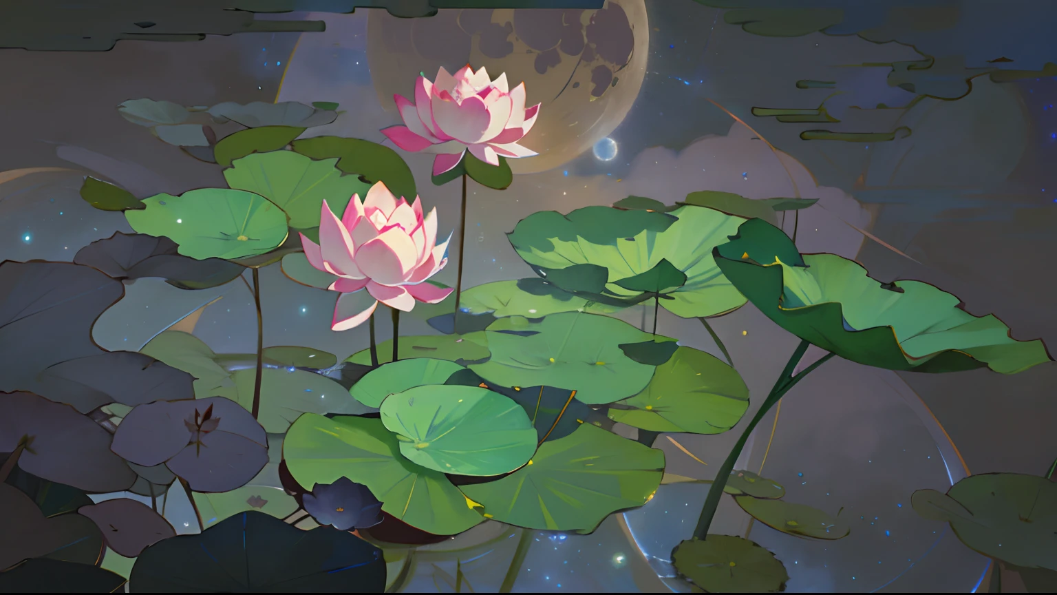 A painting of a lotus river,lotuses,Lotus leaf,lotus flower,best qualtiy,Fantasyart,beautiful anime scenes,A bright moon,Starry sky environment in moonlight,Dream painting,Anime background art,dream scenery art,Fantastic night, anime backgrounds, background artwork, dreamlike art, Atmospheric anime, starrysky,Detail enhancement。