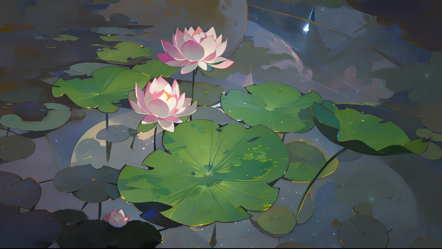 A painting of a lotus river,lotuses,Lotus leaf,lotus flower,best qualtiy,Fantasyart,beautiful anime scenes,A bright moon,Starry sky environment in moonlight,Dream painting,Anime background art,dream scenery art,Fantastic night, anime backgrounds, background artwork, dreamlike art, Atmospheric anime, starrysky,Detail enhancement。