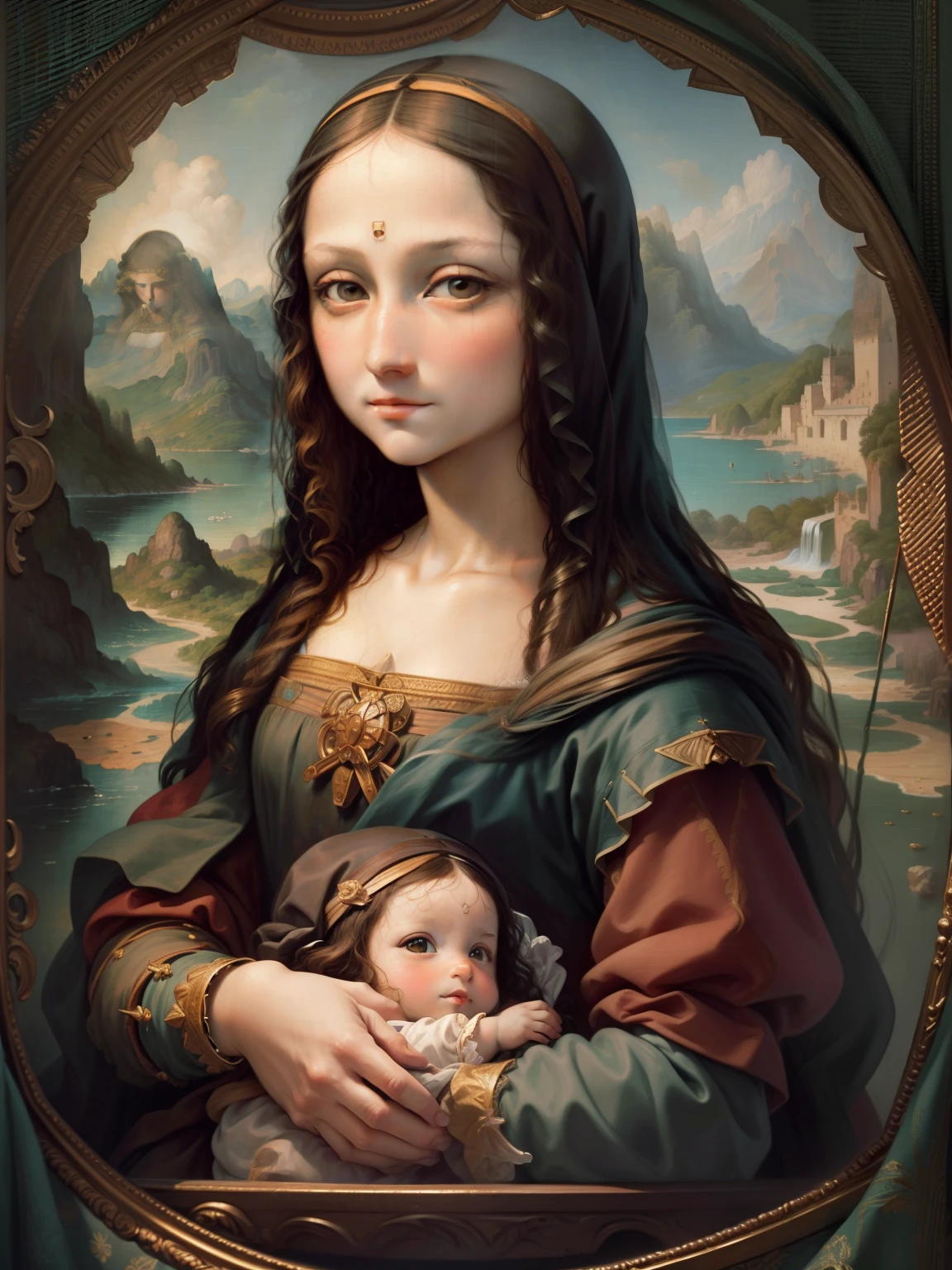 Mona Lisa holding a baby Leonardo da Vinci bright clean restored color palate, intricate fabric details, needlepoint vining elements, silken sheen, photo realism, 24k resolution, hyper detail art style on Leonardo Da Vinci