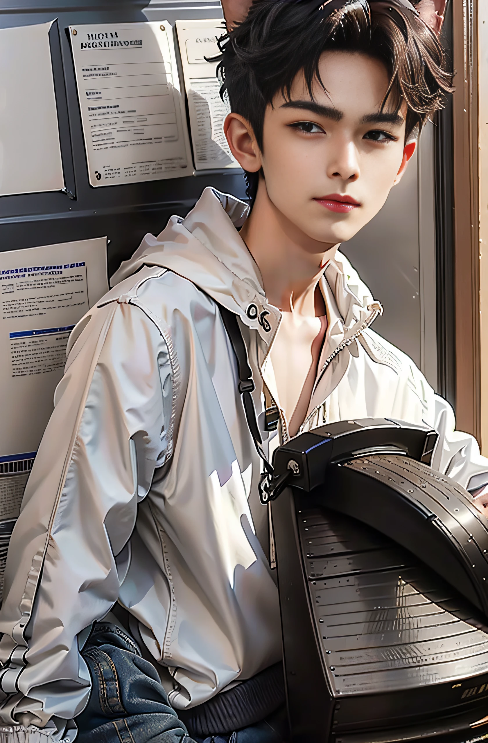 Handsome 18 year old boy, Natural expression, Short hair, whaite hair, Cat ears, Textured skin, Best quality