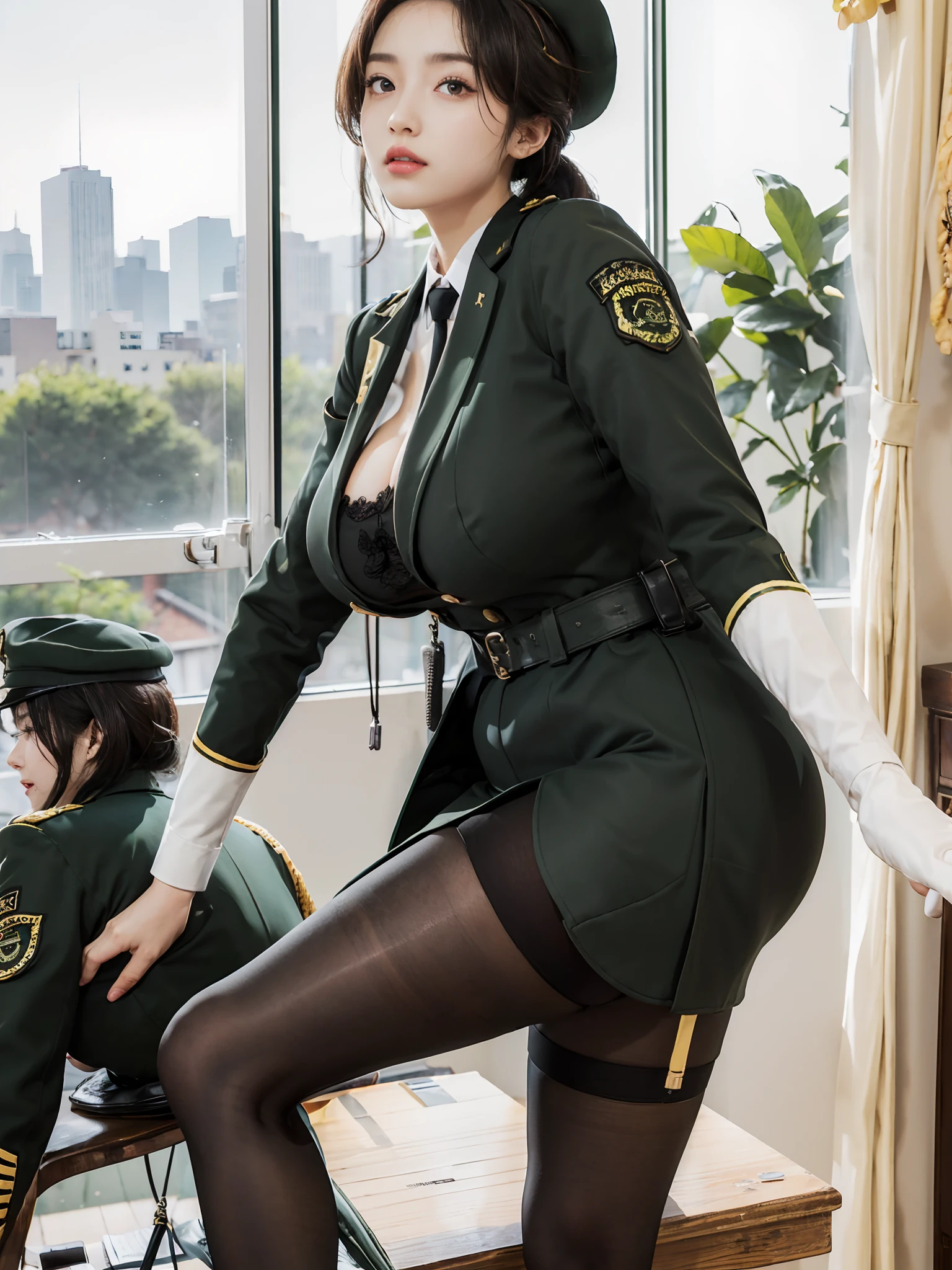 Very detailed CG unity 8K wallpaper，（tmasterpiece），（best qualtiy），（ultra - detailed），（Ultra photo realsisim），（best character detail：1.36），Nikon D750 f / 1.4 55mm，profesional lighting， physically-based renderingt, 1girll, Female soldier，army suit，Green military uniform，Long-sleeved military uniform，Fabric texture military uniform，The jacket is lined with a plain white shirt，Dark green tie，(Army green skirt)，military hat，Black hair，the golden ratio,[:(com rosto detalhado:1.2):0.2]:,PureErosFace_V1, broad shoulder,(Plump breasts:1.5),(Bigchest:1.5),(big assa:1.5)，Wide buttock ，Bare legged，Plump legs，whitestocking，without wearing shoes，Soaked with sweat，red flags，at class room，bright sun，Bright smile，White teeth，lighting，Contre-Jour，