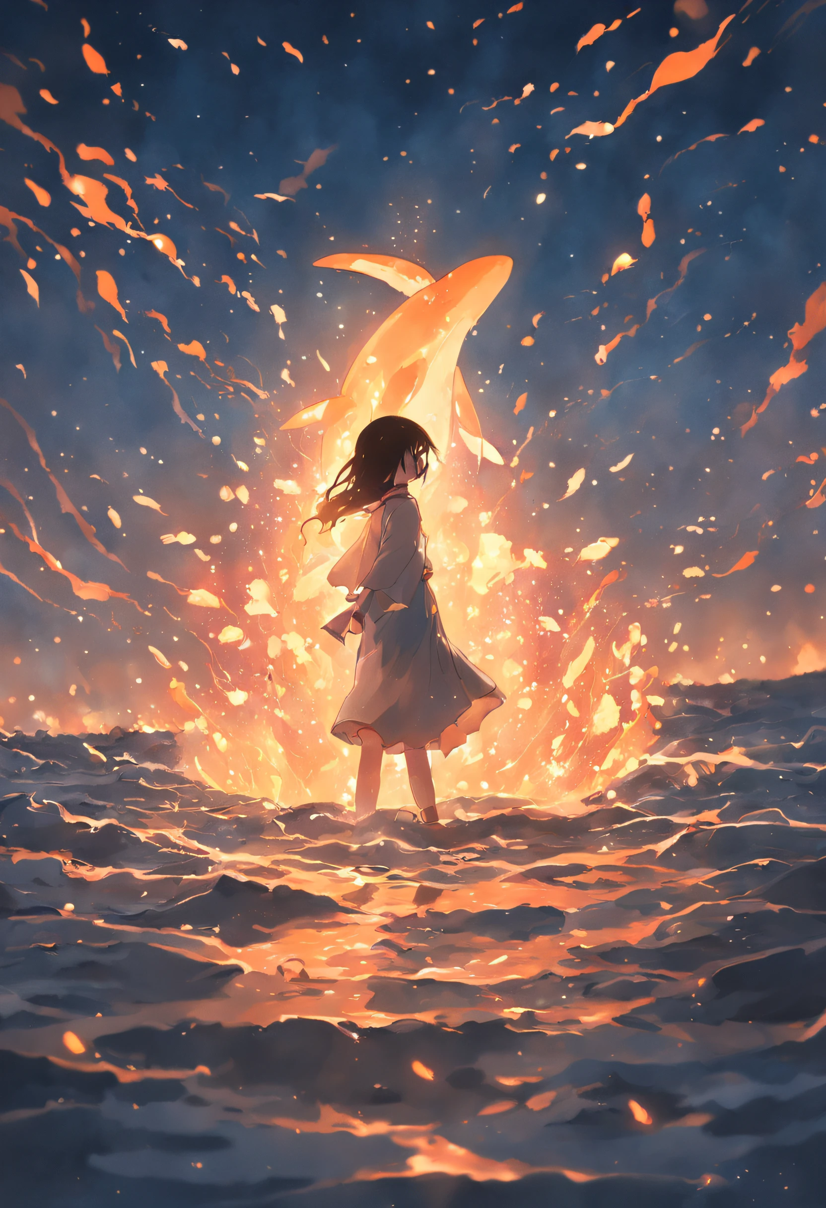 ((The fire light forms the silhouette of the whale)),((Transparent whale with firefly effect)),(Shining with golden light),Floating on the surface of the sea,siluette,cleanness,nigth,People who want to raise their heads,Wide-angle image,,super detailing,best qualtiy,tmasterpiece,(8K),Extremely detailed,Epic artwork