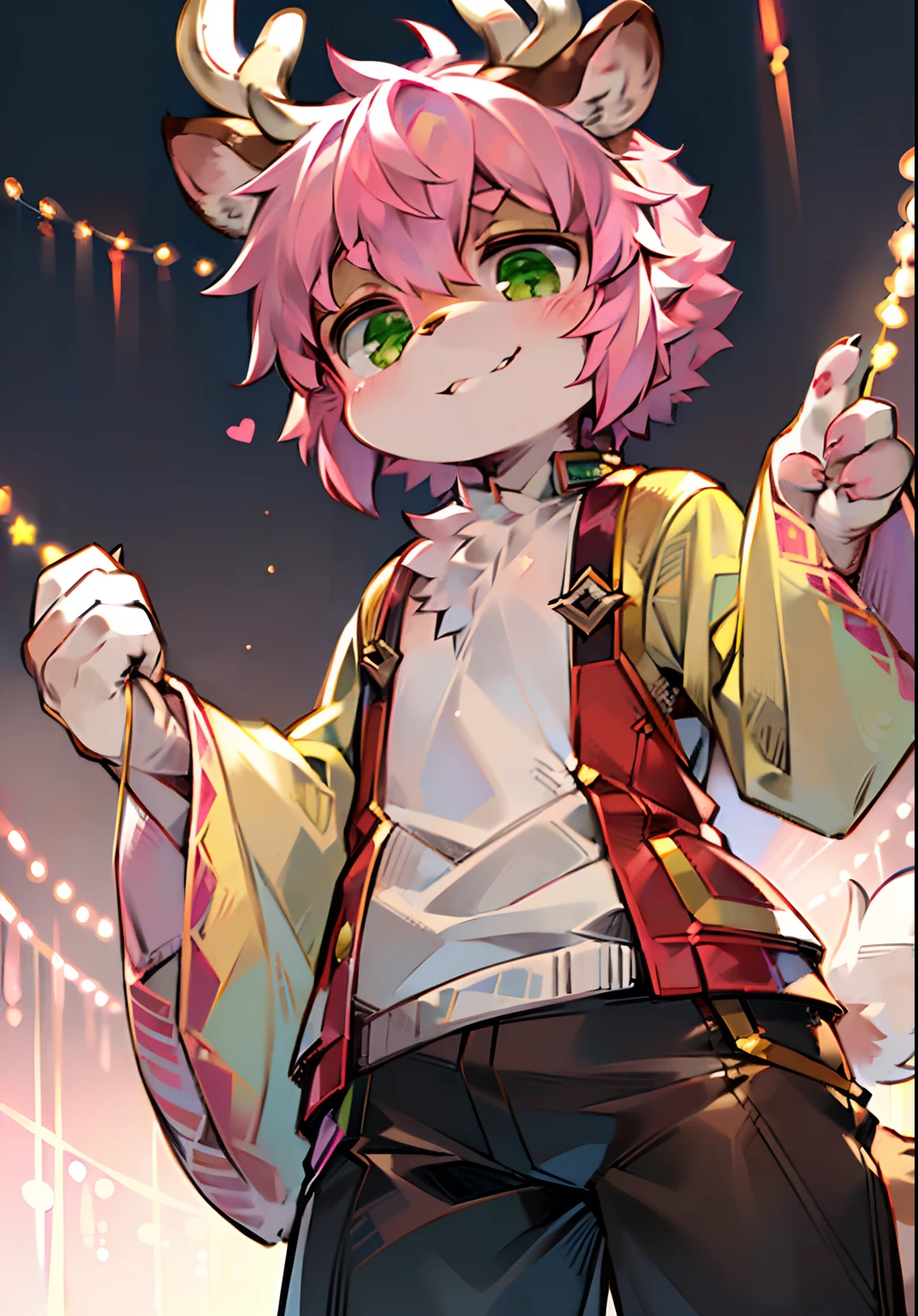 eyes with brightness, in a panoramic view, Q version,Character focus.独奏, shaggy, Furry male, malefocus, (Full Body Furry, Has a pink tail, It has brown and white fur all over its body, Green eyes, Pink hair,Pink ears)(sika deer、Deer tail,wearing an outfit),(4K分辨率)(Little cute)(hyper cute face)(ambient lights)(volumettic light)(the detail)