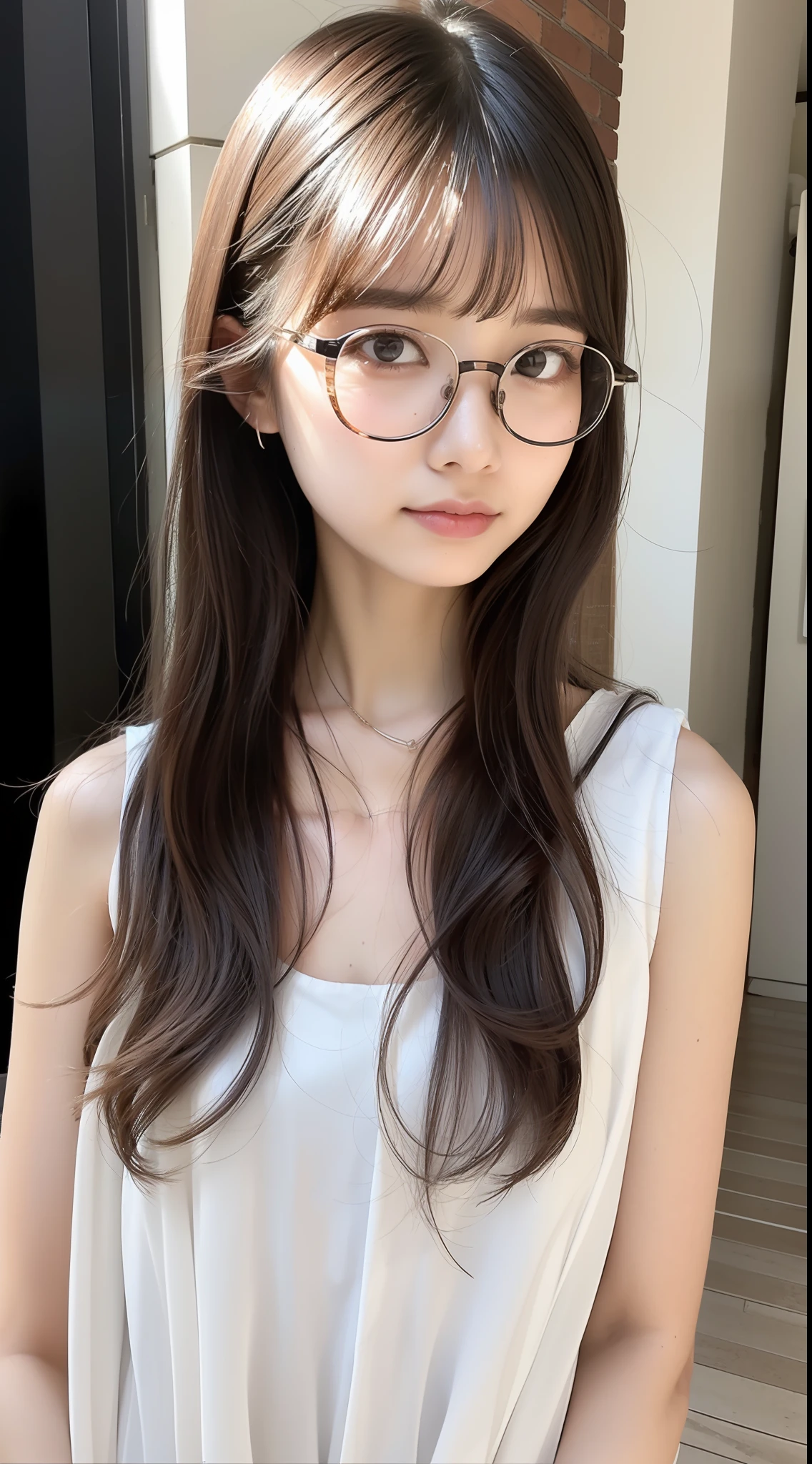 Sleeveless chemise white shear deep slit、1girl in、Glasses with thin rimmes、Smooth long hair、Ahoge、kawaii、japanaese girl、17 age、appearance々Model Pose、