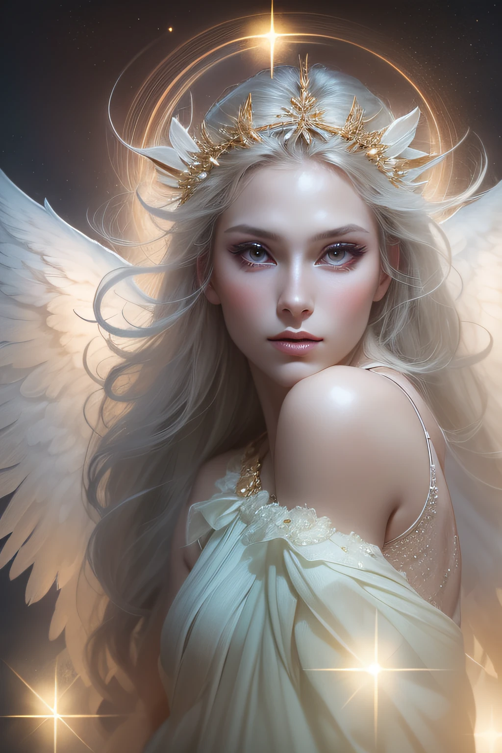 An angel is depicted with a pale and luminous complexion, their skin seemingly glowing with an otherworldly radiance. They are adorned with a pair of sparkling and graceful wings, symbolizing their divine nature. The scene is ethereal and enchanting, capturing the beauty and mystery of these celestial beings. angel, pale, luminous, complexion, glowing, otherworldly, radiance, sparkling, graceful, wings, divine, ethereal, enchanting, beauty, mystery.upper body,