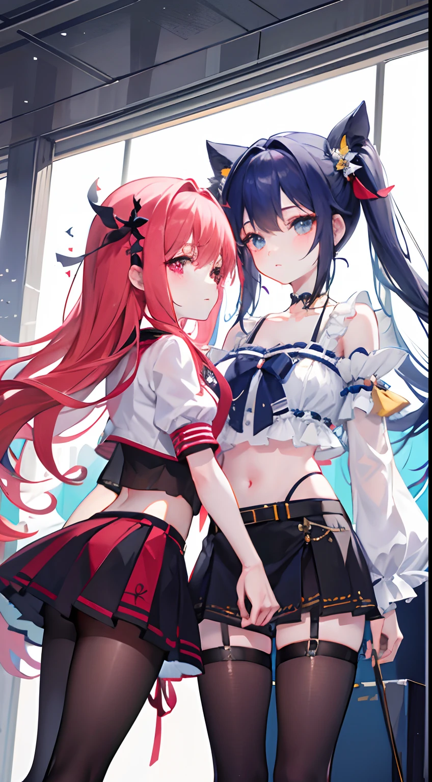 ,twins, Masterpiece,Best quality,offcial art,Extremely detailed Cg Unity 8K wallpaper, 2girls, cute female child, Yuri, hair adornments, Short shorts, Crop top, Pantyhose, ribbon_choker necklace, leg belt,