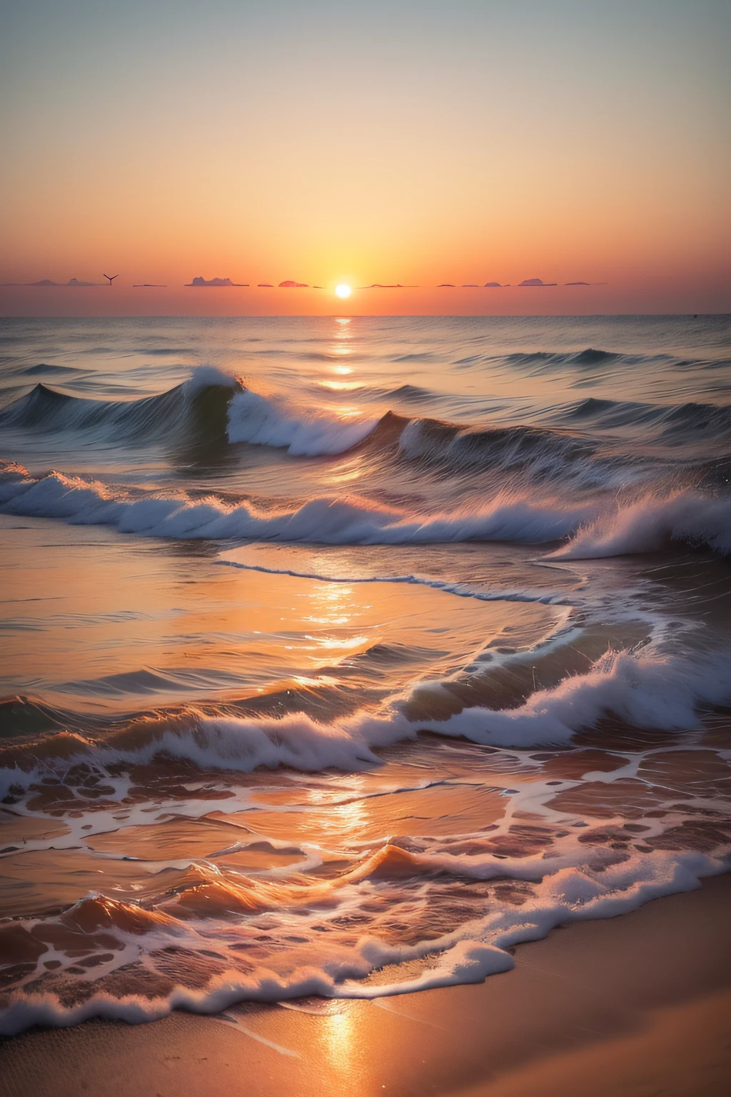 Absolutely mesmerizing sunset on the beach,The sky is mixed with orange、Pink and yellow。baiyun.The water is crystal clear,Kissing the shore tenderly,The scene is full of movement,breath-taking,Seagulls soar high in the air and immerse themselves in a calm atmosphere,Let the tranquil surroundings surround you。