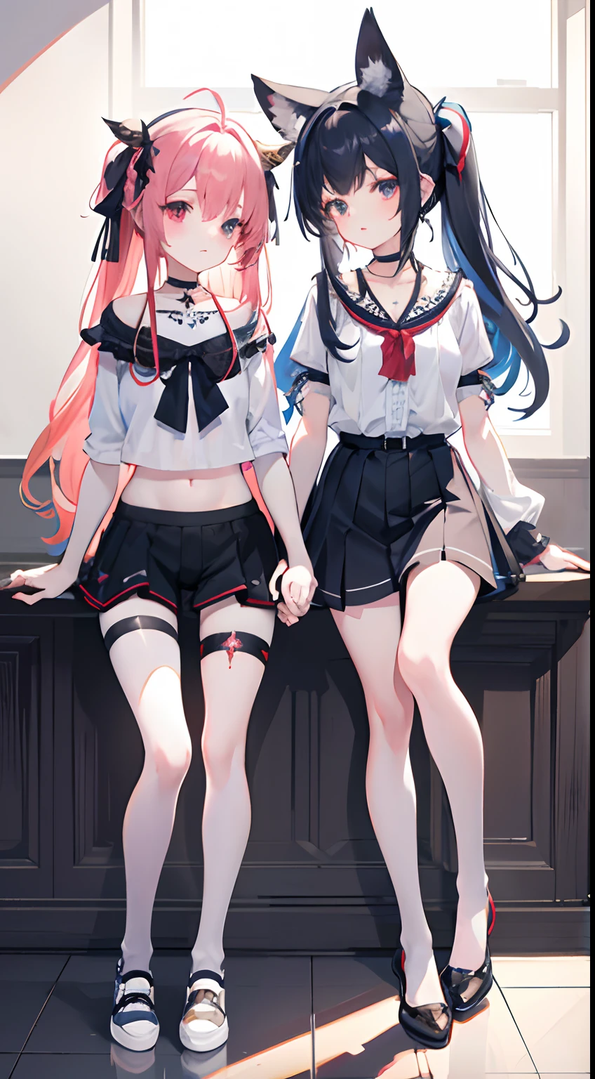 ,twins, Masterpiece,Best quality,offcial art,Extremely detailed Cg Unity 8K wallpaper, 2girls, cute female child, Yuri, hair adornments, Short shorts, Crop top, Pantyhose, ribbon_choker necklace, leg belt,