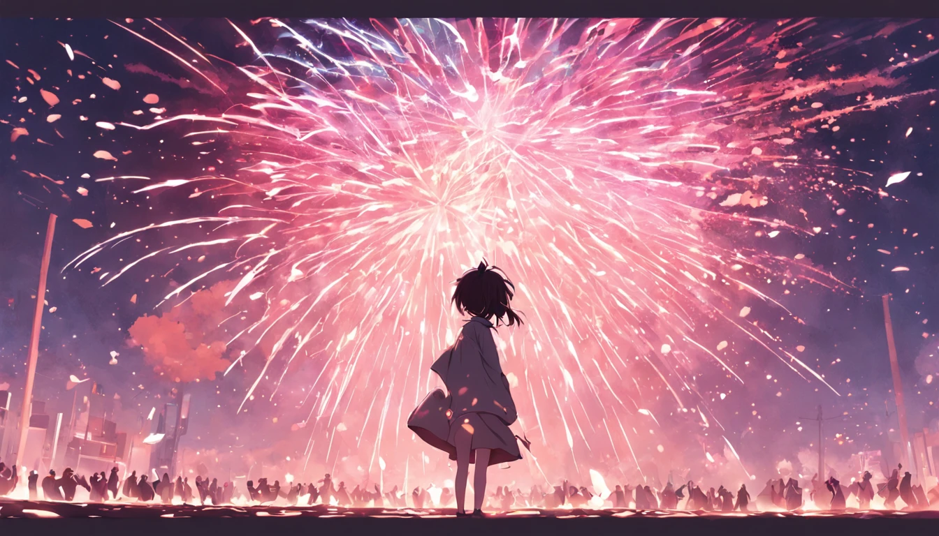 1girll,sideface,Sideways, Expose the whole body,Nice face,red pupils,Gray-black hair,Fireworks in bloom,Colorful fireworks,fire works,daysies,Floating in the sky,brightly,cheerfulness,Warm and soft lighting,early evening,Blue,light cloud,Bar cloud