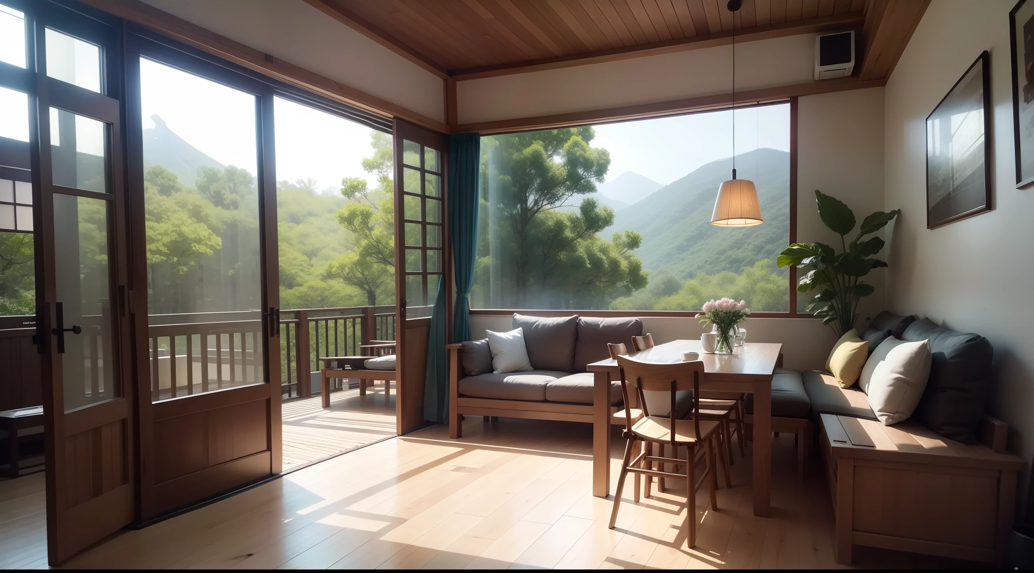 interior design、Insanely detailed wide-angle architectural photo、Cozy contemporary living room、(Bright and warm sunlight 1:0.1)、Award-winning contemporary interior design、landscapes、The table、a chair、in a house、Wooden flooring、window、resturant、east asian east asian architecture、sliding paper doors、abajour、architectural、the woods、naturey、cups、a plant、interior design、Insert lighting and shadows、depth of fields、low illuminance