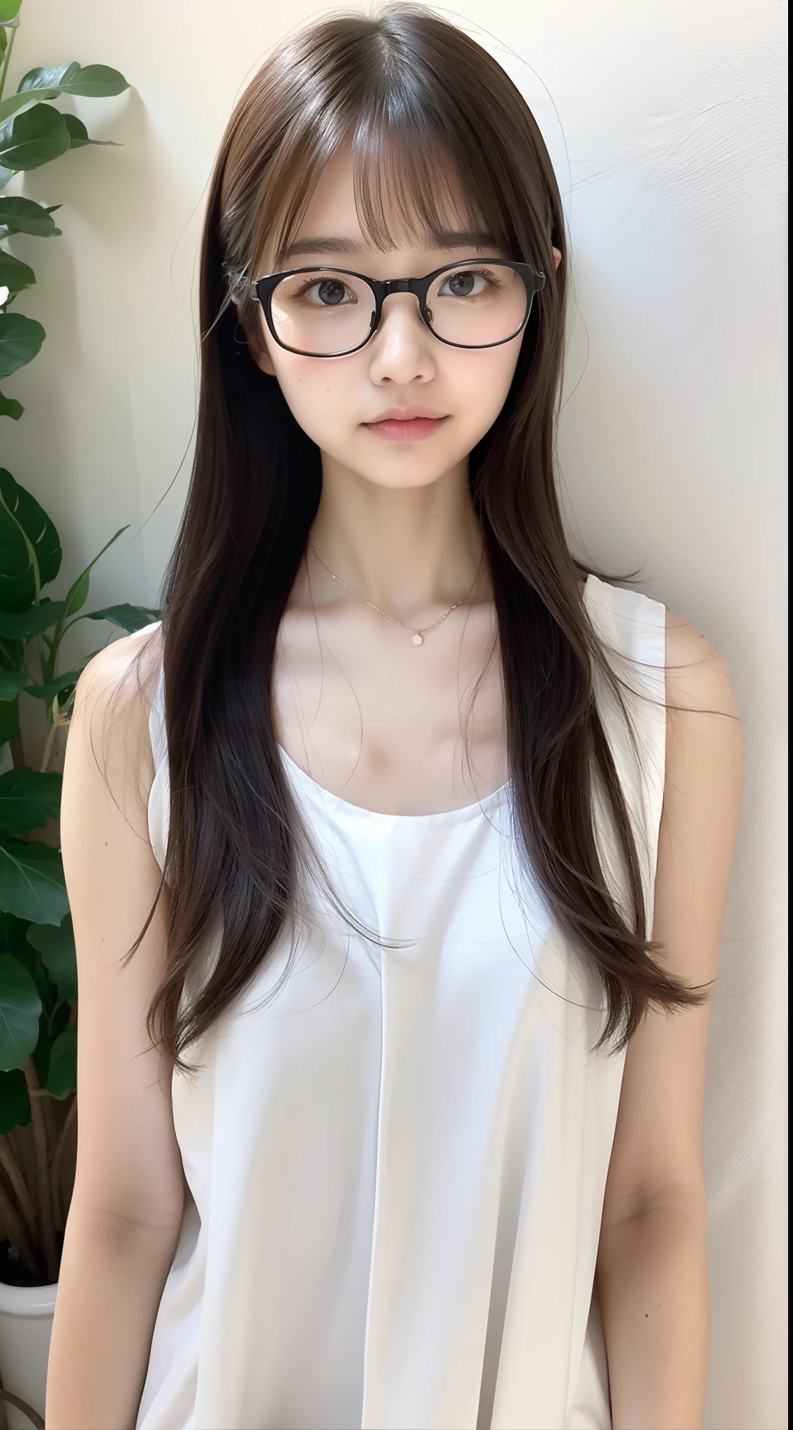 Sleeveless chemise white shear deep slit、1girl in、Glasses with thin rimmes、Smooth long hair、Ahoge、kawaii、japanaese girl、17 age、appearance々Model Pose、