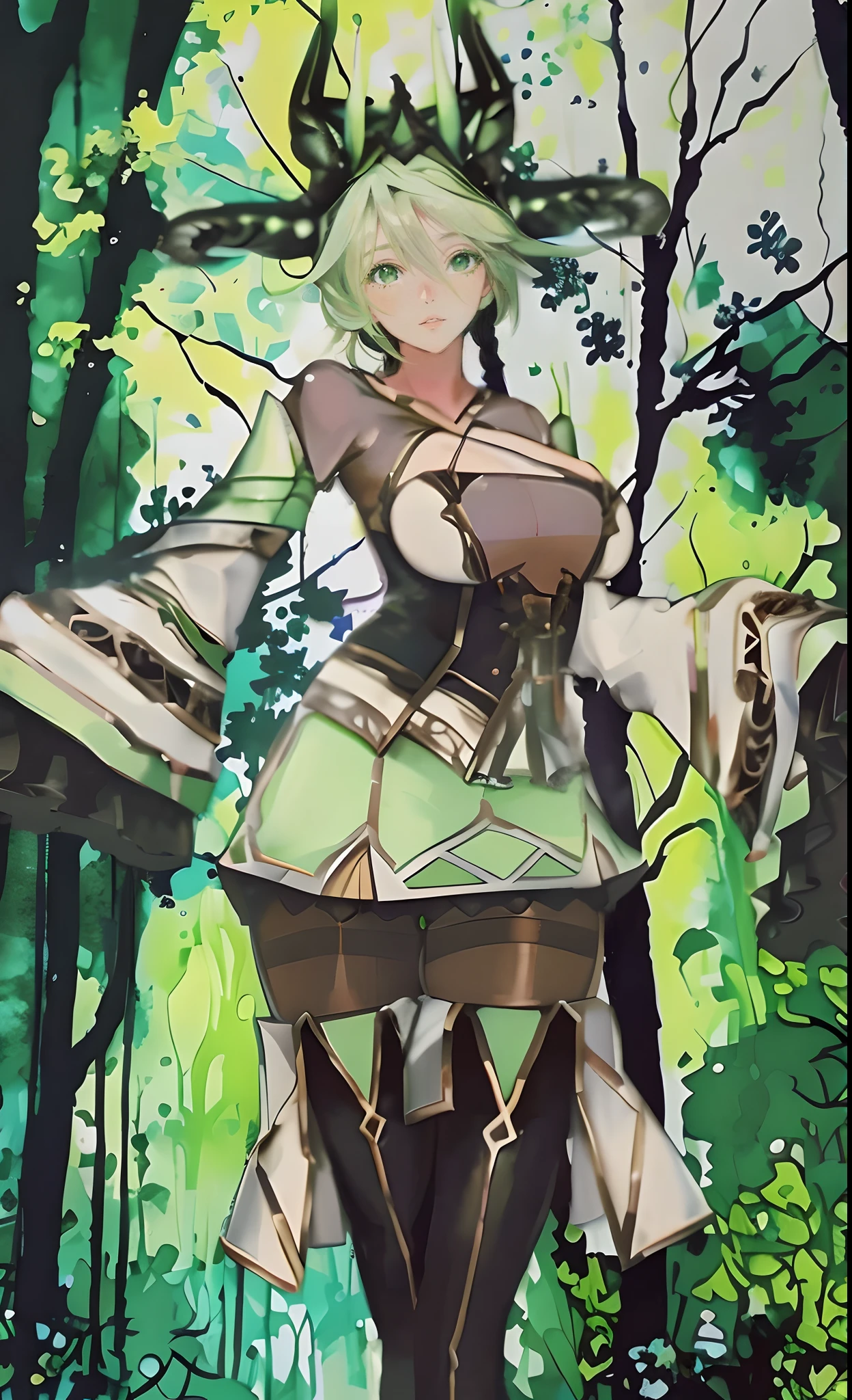 tmasterpiece，HighestQuali，Anime girl in the forest，Wearing a green dress and crown, The expression is serious，Green eyes，concept art inspired by Li Chevalier, pixiv contest winner, Fantasy art, forest hunter lady, forest soul, fey queen of the summer forest, female forest archer, goddess of the forest,