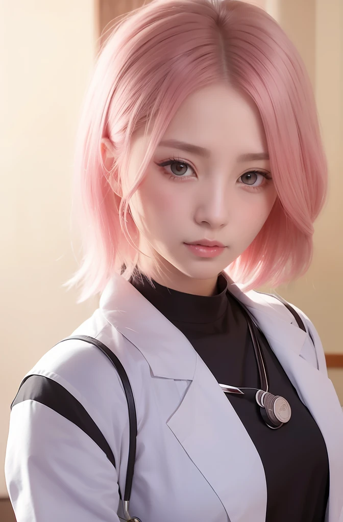 Sakura uchiha. A woman doctor was in the room. He was wearing a black shirt and a doctor's white vest. She had short, fluffy pink hair. His skin is so white. And her cheeks are blushing red. He looked at his opponent with a look of shame. She looks so beautiful and realistic