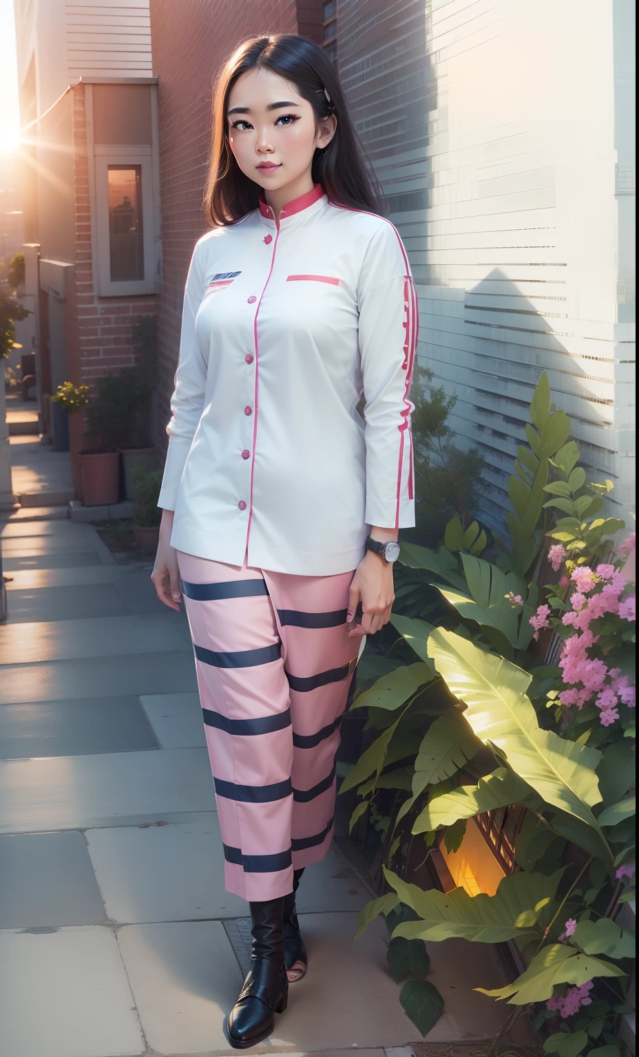 Please change background to beautiful professional Photo shoot. With building sunset