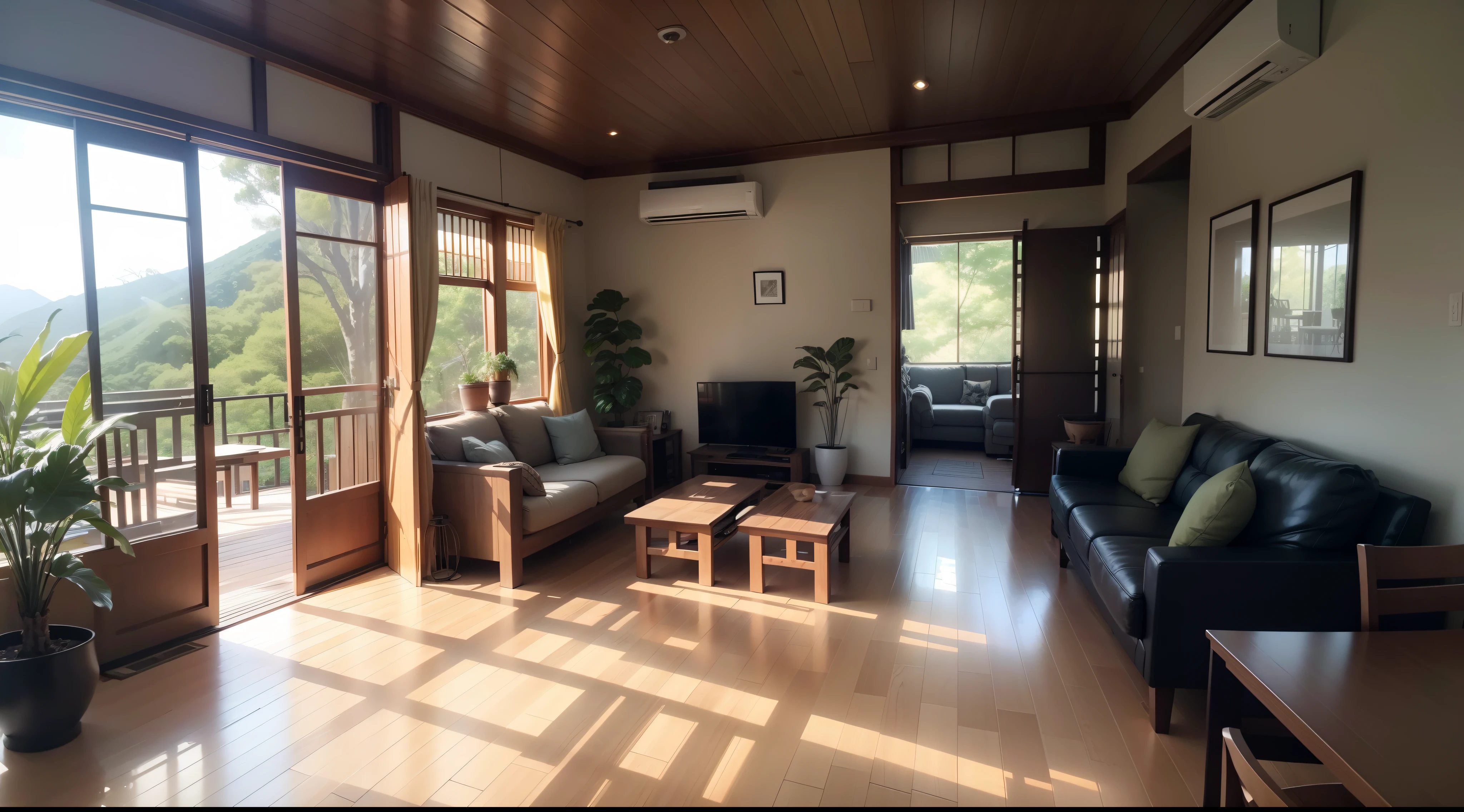 interior design、Insanely detailed wide-angle architectural photo、Cozy contemporary living room、(Bright and warm sunlight 1:0.1)、Award-winning contemporary interior design、landscapes、The table、a chair、in a house、Wooden flooring、window、resturant、east asian east asian architecture、sliding paper doors、abajour、architectural、the woods、naturey、cups、a plant、interior design、Insert lighting and shadows、depth of fields、low illuminance