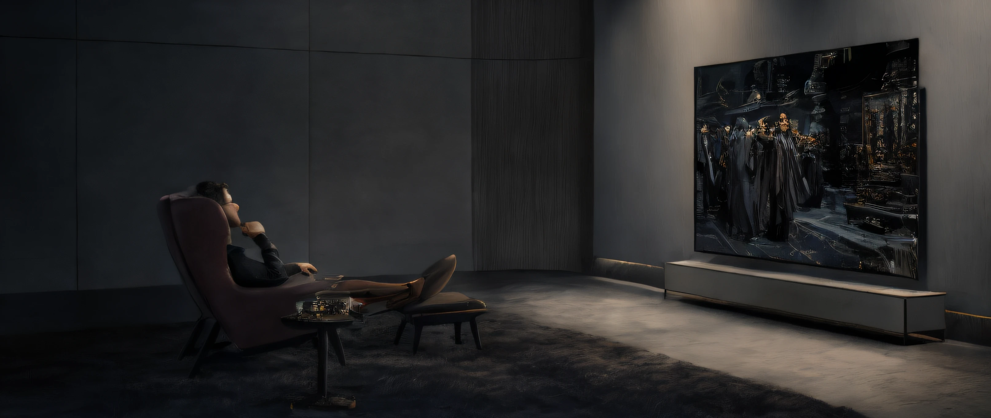 There was a man sitting in a chair in front of the TV, Dramatic lighting with 8K resolution, the console is tall and imposing, imagem de qualidade alta, bang olufsen, 4 k detail, 4K detail, ultra-realistic 8k, ultra-realistic 8k, Ultra-realistic 8 K, dimly lit interior room, With cinematic lighting, lounge background