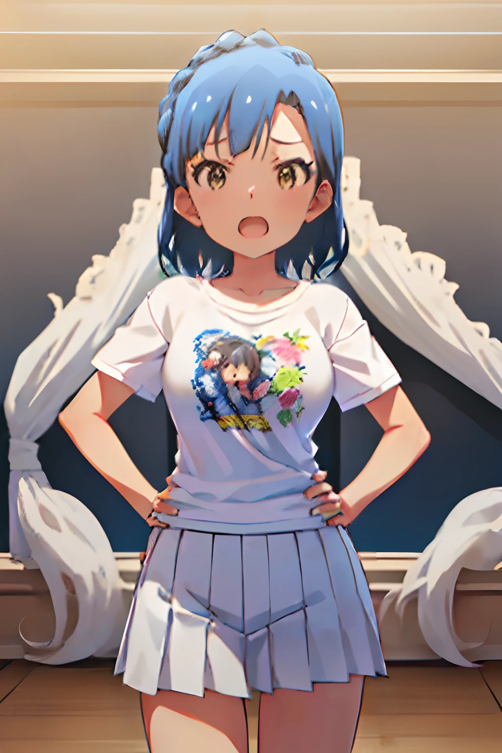 yuriko nanao (million live). Short stature. (((white t-shirts))).(((Skirt))).(((masterpiece))).(((best quality))).((Ultra-detailed))).(((illustratio))). (((put hands on the hip))).(((a room))).(((make a fist))).(((up chest))).Despair face.(((short-hair))).((big breasts)).((Opening Mouth)).