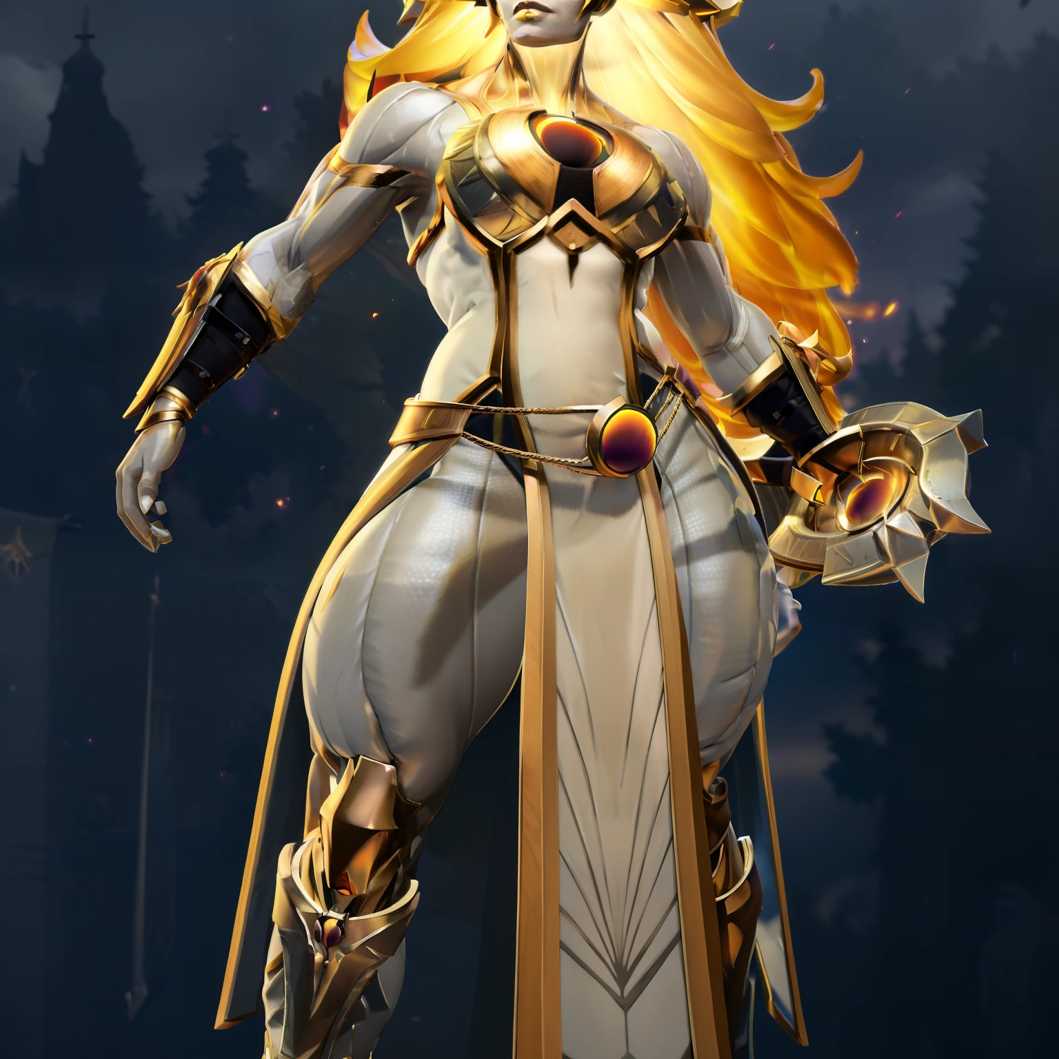 Dawnbreaker (Dota), glowing hair, yellow eyes, glowing eyes, colored skin, grey skin, 1girl, armor, blonde hair, glowing hair, long hair, fantasy goddess, glowing angelic being, curvy body, huge breasts, long robe, long dress, holy, breastplate, muscular, perfect anatomy, better hands