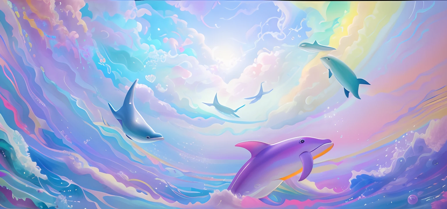 Dolphins in the ocean with rainbow swirl background, in a lisa frank art style, in style of lisa frank, Lisa Frank style, lisa - frank, Inspired by Cyril Rolando, 4 k hd wallpaper illustration, vaporwave ocean, 4 k hd illustrative wallpaper, sky whales, vaporwave surreal ocean, A beautiful artwork illustration, inspired by Lisa Frank，8K, RAW photo, Best quality, Masterpiece:1.4))), 超高分辨率, Ultra-detailed, illustration
