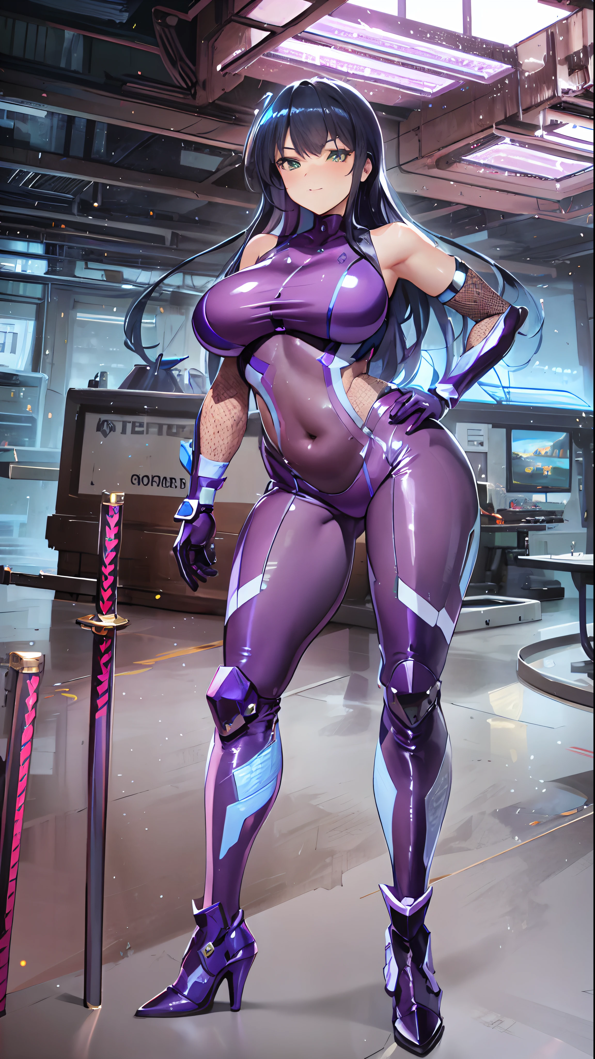 Close-up of a woman in bright purple latex clothing, woman, (mature:1.2), (Masterpiece, Best quality), closeup portrait,Detailed face, Weapons, Busty body, High contrast, Black eyes,green pupills, Face focus,Big eyes , Blue long hair, (Crop top), Little fat,1girll, Flowing hair, Blush, Gray metal boots. Firm skin,(Fat), Thighs, (belly:1.4), (stand posture:1.5) , Visionary background, the night, Indoors,