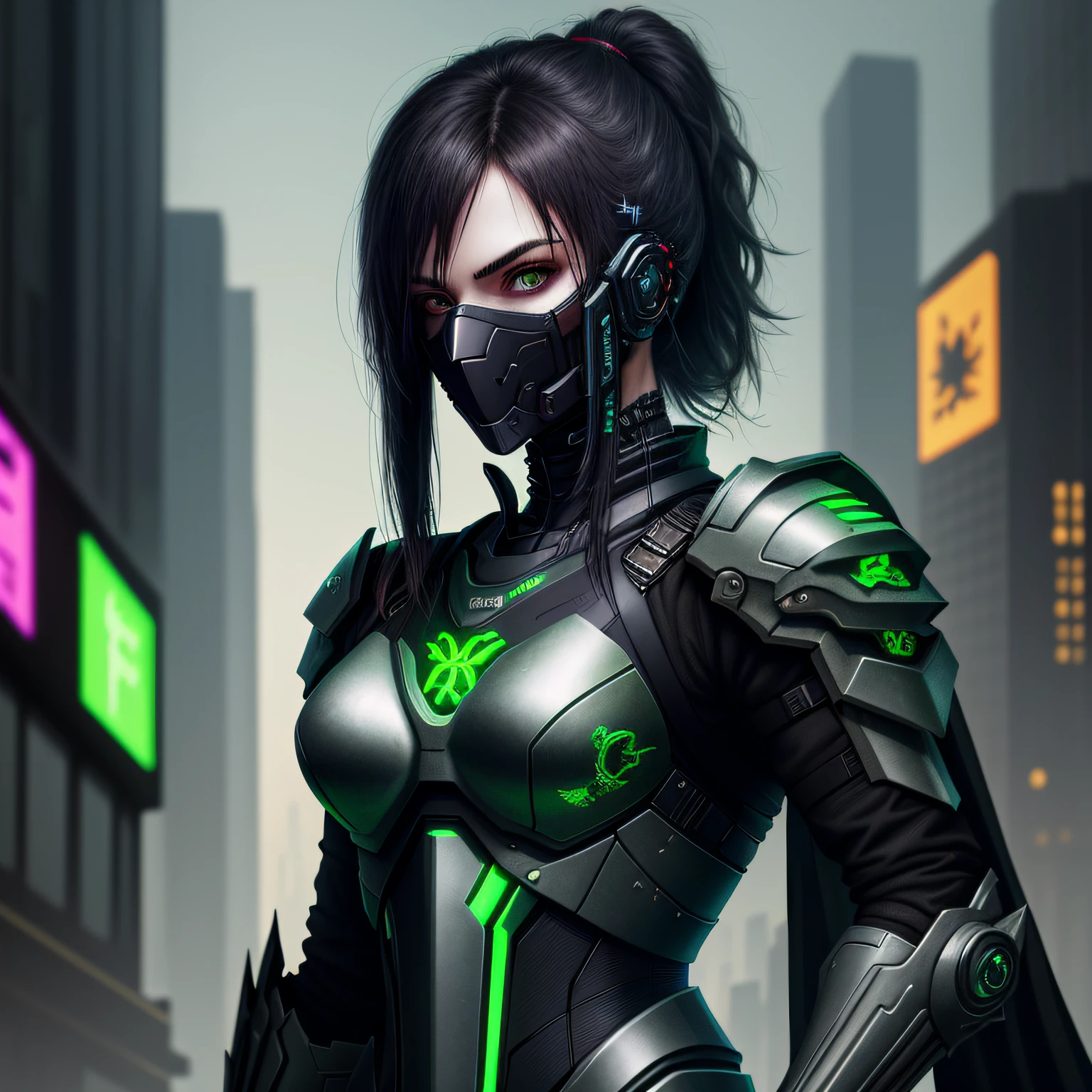 (best quality) (extra high definition) women with mask, dark style, black titanium armor green details, looking at you, sword in hand, cyberpunk city