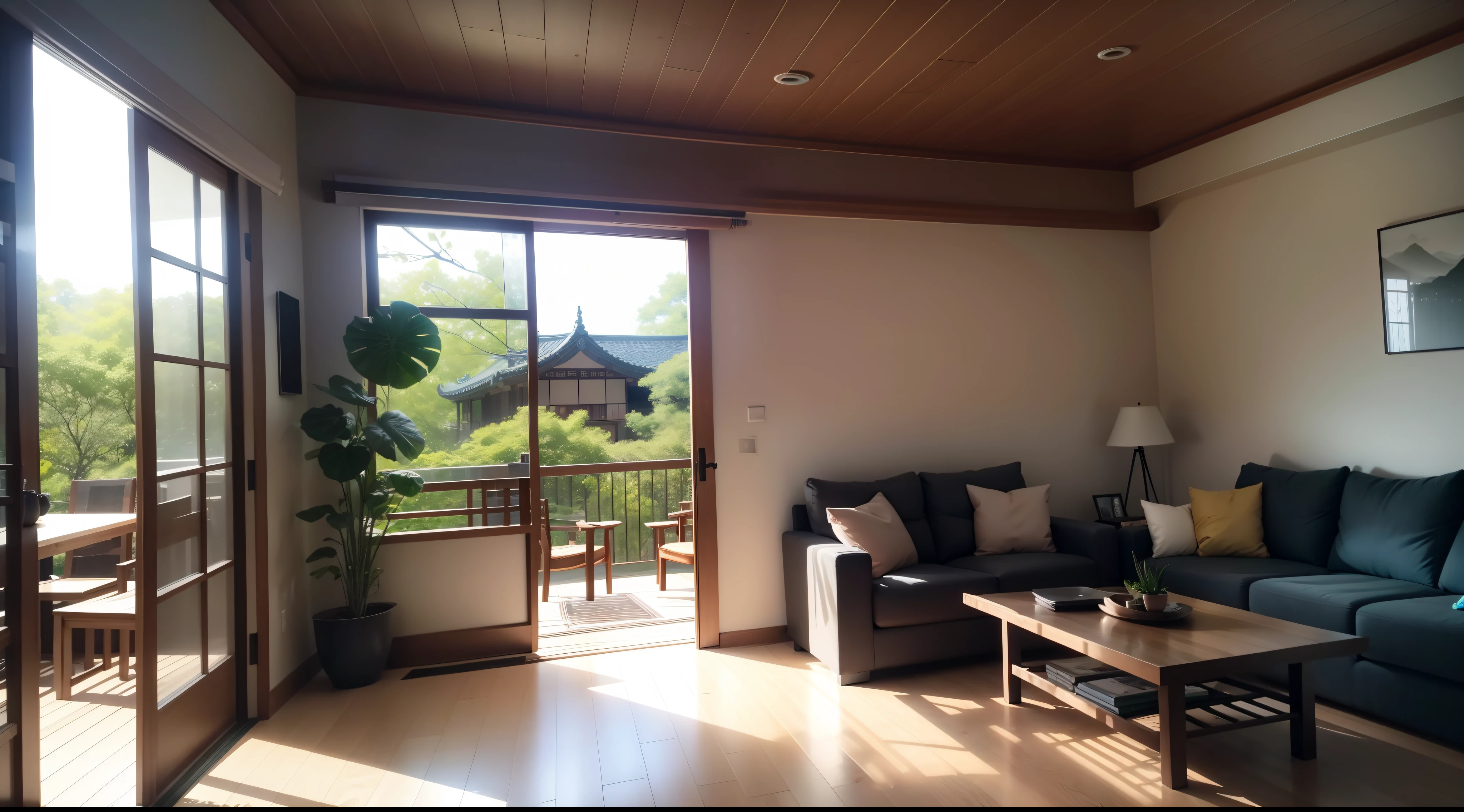 interior design、Insanely detailed wide-angle architectural photo、Cozy contemporary living room、(Bright and warm sunlight 1:0.1)、Award-winning contemporary interior design、landscapes、The table、a chair、in a house、Wooden flooring、window、resturant、east asian east asian architecture、sliding paper doors、abajour、architectural、the woods、naturey、cups、a plant、interior design、Insert lighting and shadows、depth of fields、low illuminance