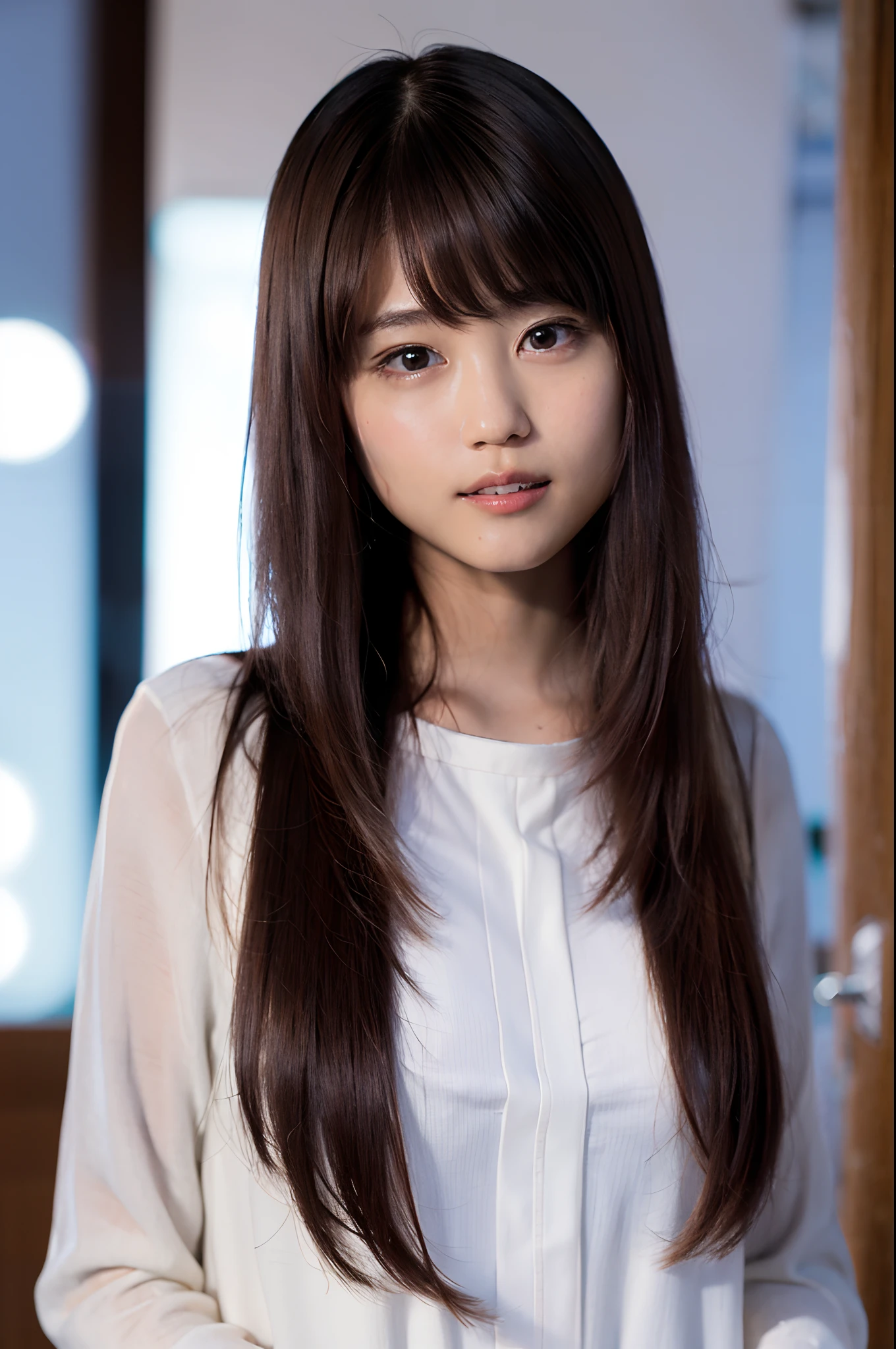 (8K、Raw photography、top-quality、masterpiece:1.2)、(realisitic、Photorealsitic:1.37)、ultra-detailliert、超A high resolution、1人、see the beholder、beautifull detailed face、A smile、Constriction、(Slim waist) :1.3)、The shirt、Beautiful detailed skin、Skin Texture、floated hair、profetional lighting、Business suits