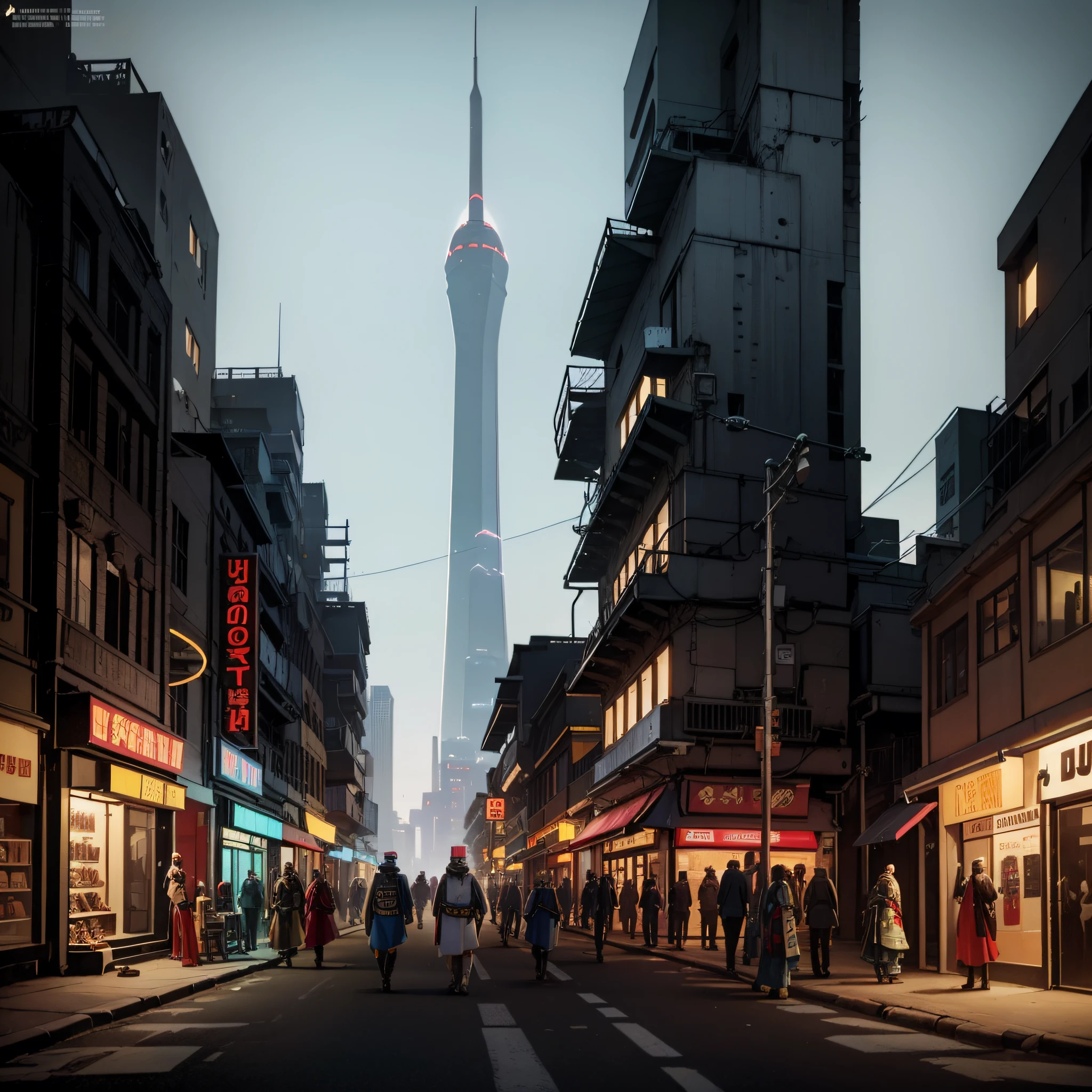 Mongolian costumes,Ranger,Architecture in the desert,There is unreadable text,Smoking on street corners,cyber punk perssonage,the night,Machinary,High quality details,Retro animation style,Ultra-clear details,4K,There are spaceships in the sky