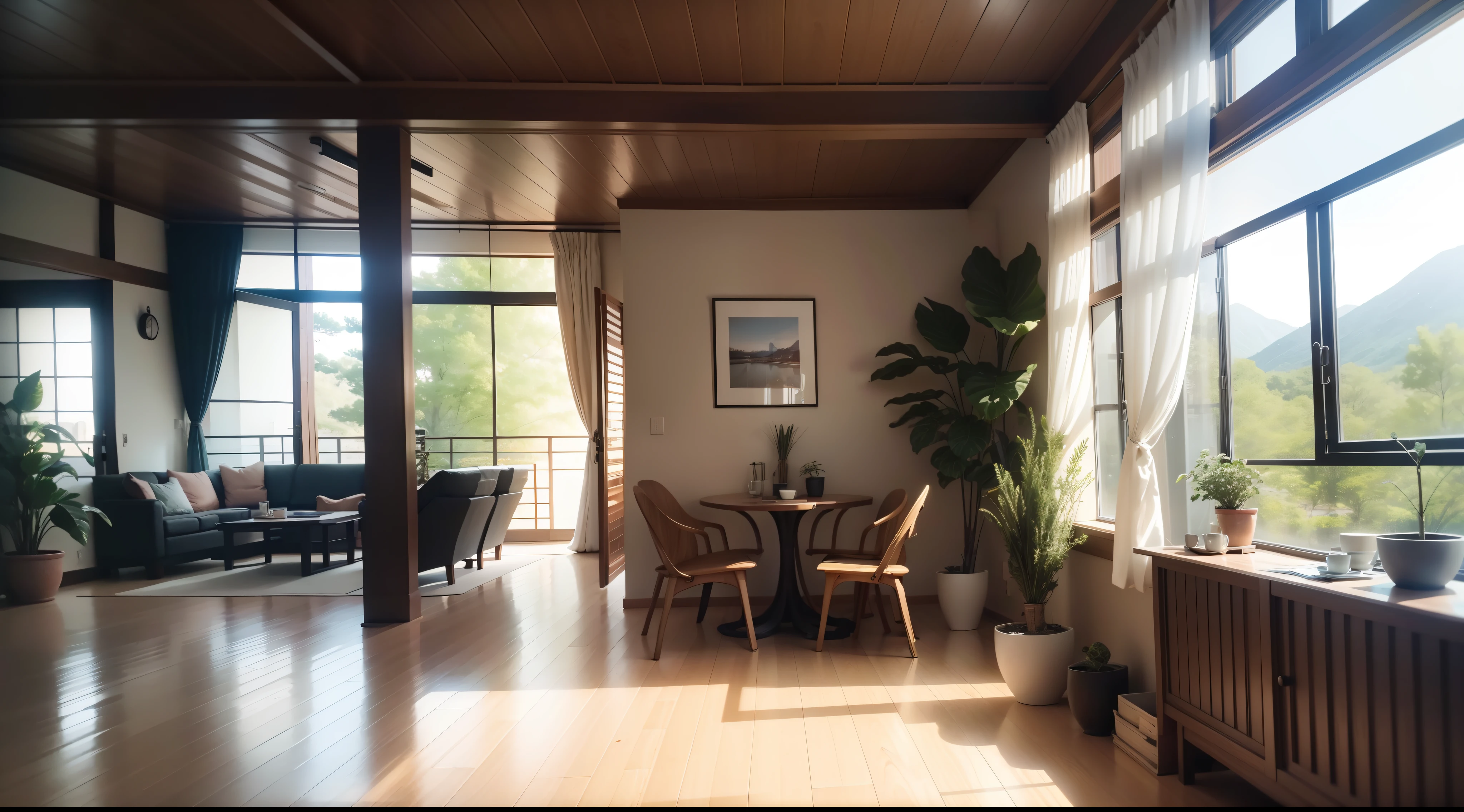 interior design、Insanely detailed wide-angle architectural photo、Cozy contemporary living room、(Bright and warm sunlight 1:0.1)、Award-winning contemporary interior design、landscapes、The table、a chair、in a house、Wooden flooring、window、resturant、east asian east asian architecture、sliding paper doors、abajour、architectural、the woods、naturey、cups、a plant、interior design、Insert lighting and shadows、depth of fields、low illuminance