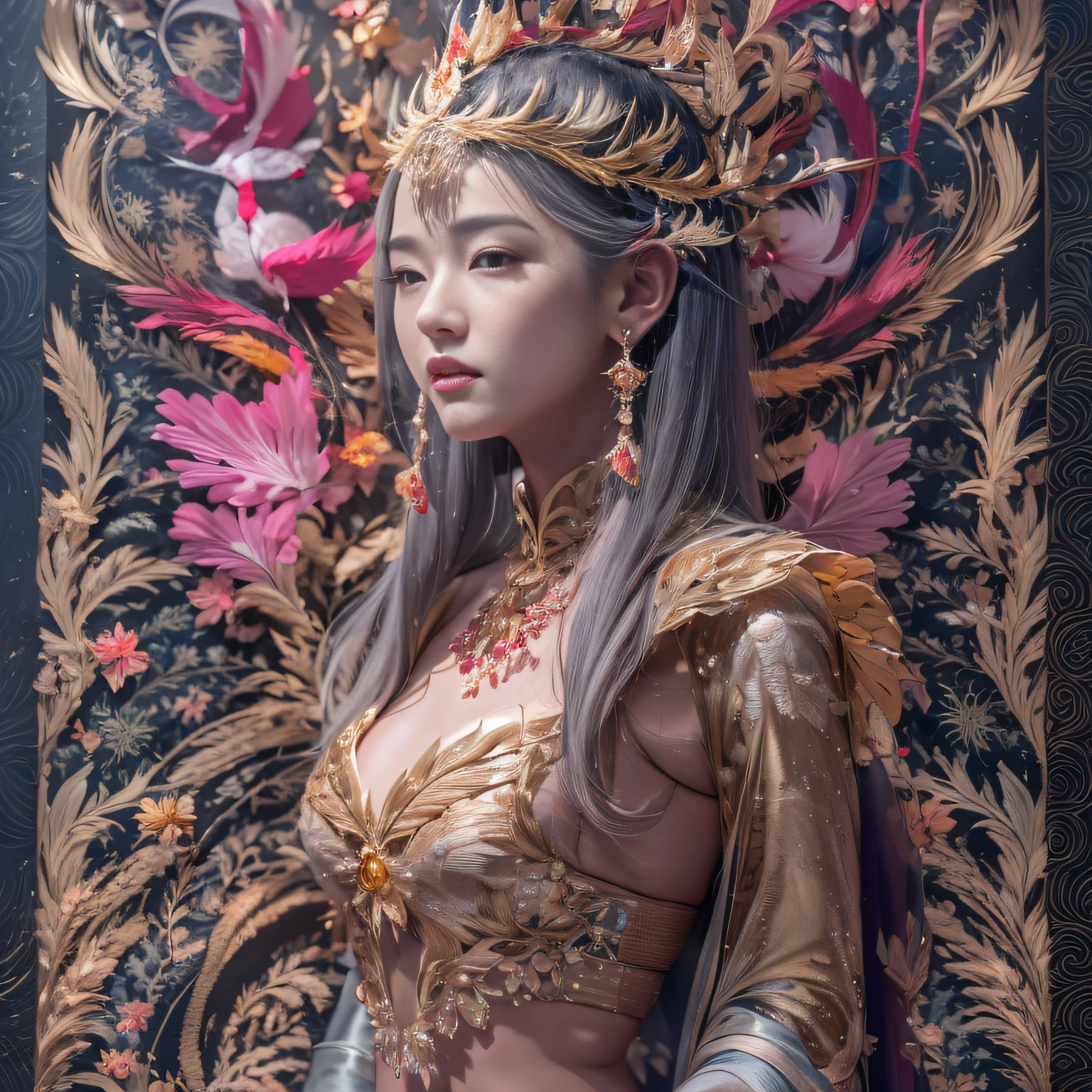 Anime, creaking ,drops of water on glass,delicate watercolor ,Jean Baptiste monge,fantasy , body art body of a Japanese beauty behind glass, lush scarlet roses,green leaves in dew, ,decorations,huge eyes long thick eyelashes, hyper detail, ,Lighting effects, ornate,Chinese Painting,colorful,filigree gold