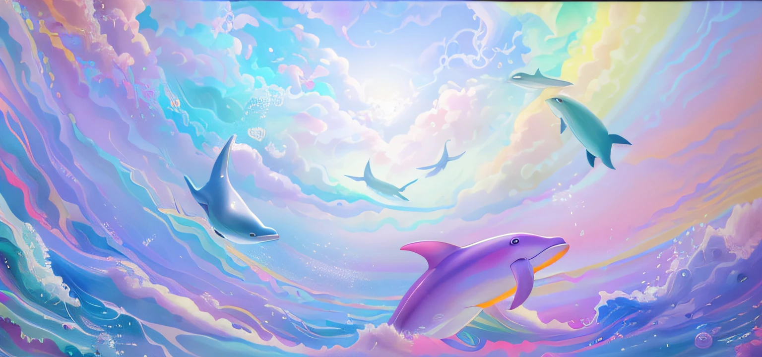 Dolphins in the ocean with rainbow swirl background, in a lisa frank art style, in style of lisa frank, Lisa Frank style, lisa - frank, Inspired by Cyril Rolando, 4 k hd wallpaper illustration, vaporwave ocean, 4 k hd illustrative wallpaper, sky whales, vaporwave surreal ocean, A beautiful artwork illustration, inspired by Lisa Frank，8K, RAW photo, Best quality, Masterpiece:1.4))), 超高分辨率, Ultra-detailed, illustration