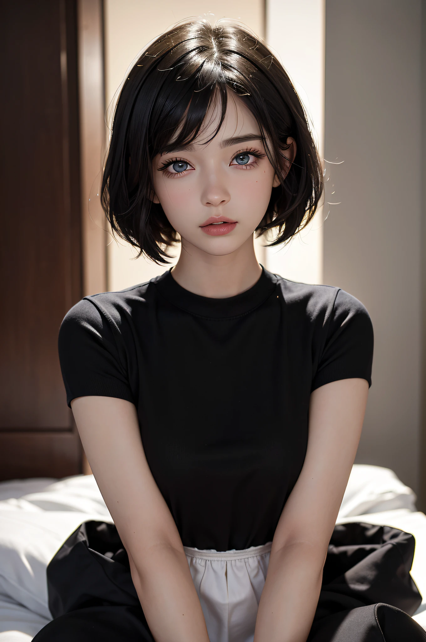(masterpiece:1.3), (8k, photorealistic, RAW photo, best quality: 1.4), (1girl), beautiful face, (realistic face), (black hair, short hair:1.3), Nice hairstyle，photorealistic eye，Nice detail blue eyes，（Realistic skin），Beautiful skins，（Sweaters），absurd res，enticing，超高分辨率，Ultra photo realsisim，The is very detailed，the golden ratio