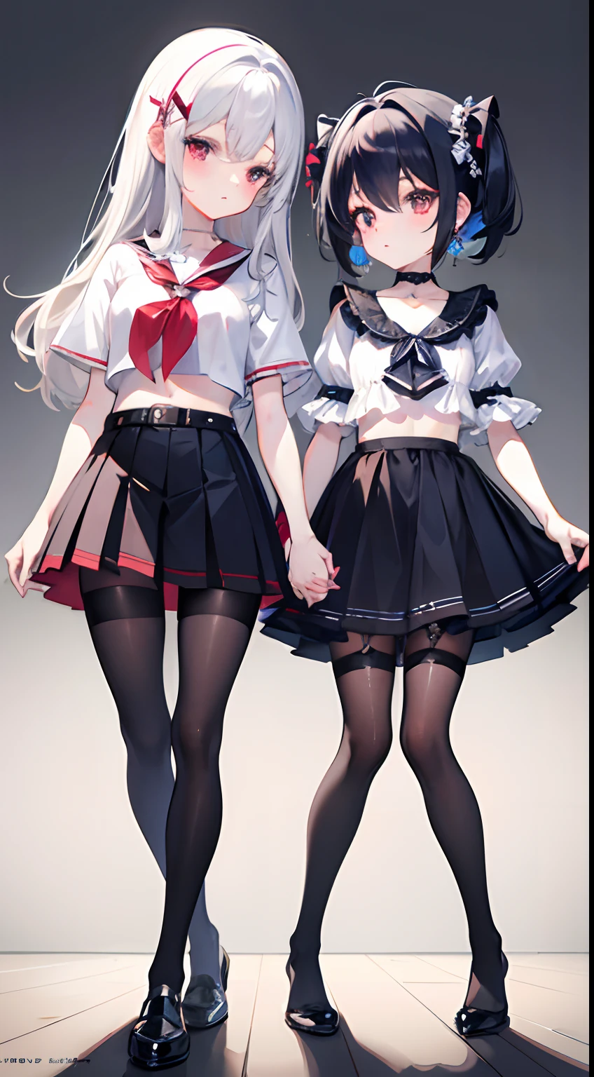 ,twins, Masterpiece,Best quality,offcial art,Extremely detailed Cg Unity 8K wallpaper, 2girls, cute female , Yuri, hair adornments, Short shorts, Crop top, Pantyhose, ribbon_choker necklace, leg belt,