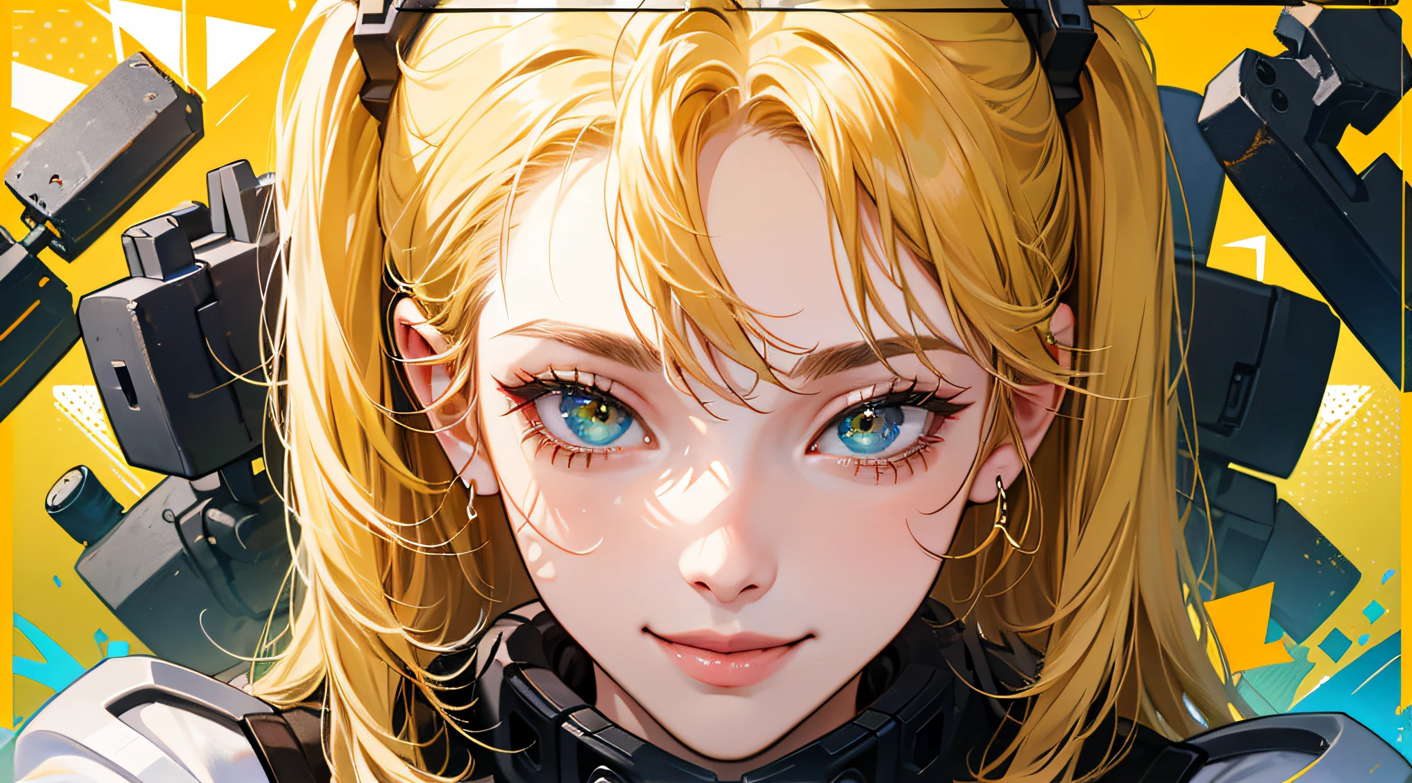 cyberpunked, yellow hair、bob、a smile、Fresh Fruit Bomb、 Her eyes match the same yellow, The background is predominantly yellow, Quality is 4K or higher. "