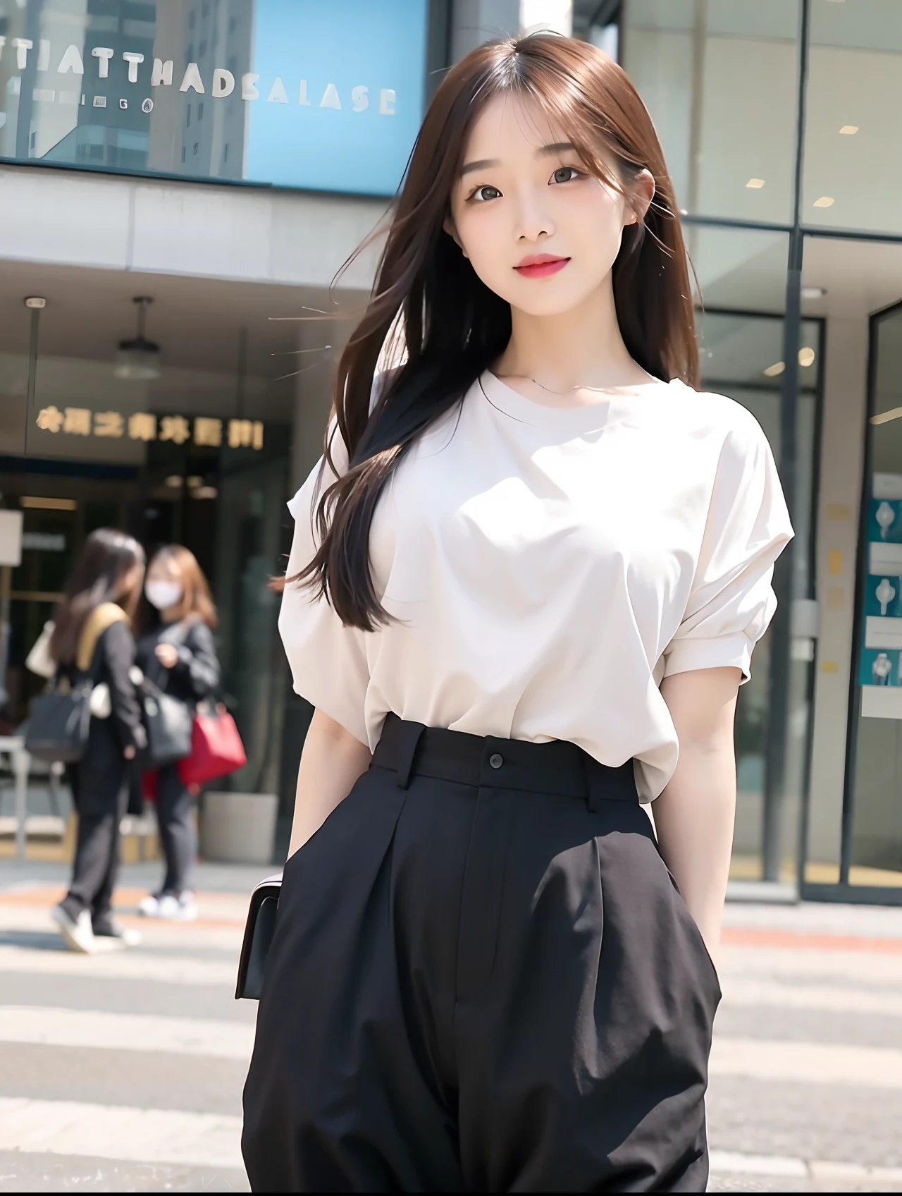 (8K分辨率,Vista full body photo,Photos above the legs),(femele,20yr old,(Chinese teenage facial features:1.6,Broad skeletal cheeks,s delicate face),Lovely face,com rosto detalhado,详细的脸,(Delicate Chinese makeup),Black colored eyes,(Look into the distance),cabelos preto e longos,Left shoulder(Messy has layers),Redlip,Fair smooth skin,(Best Skin Type:1.21),mediuml breasts,(White casual shirt),(materpiece:real silk,black long pants),Tall and tall,The action of the conversation,perfect hand,Ultra-fine clothing material),(Park meadow,Blue sky and white cloud background on city rooftop,Exquisite environmental details),(exhilarated,confident smile,Rejoice),(profesional lighting,动态照明),((Color conflicts,adolable,Elegance,ellegance,vivaciousness(white colors,red colour,In pink))),(Golden section,Cinema lenses,Dynamic shots,Hasselblad photograp,tmasterpiece:1.3),(Courtesan,Youth idol,Focus on the field,trendsetting,Artis,Art platform)