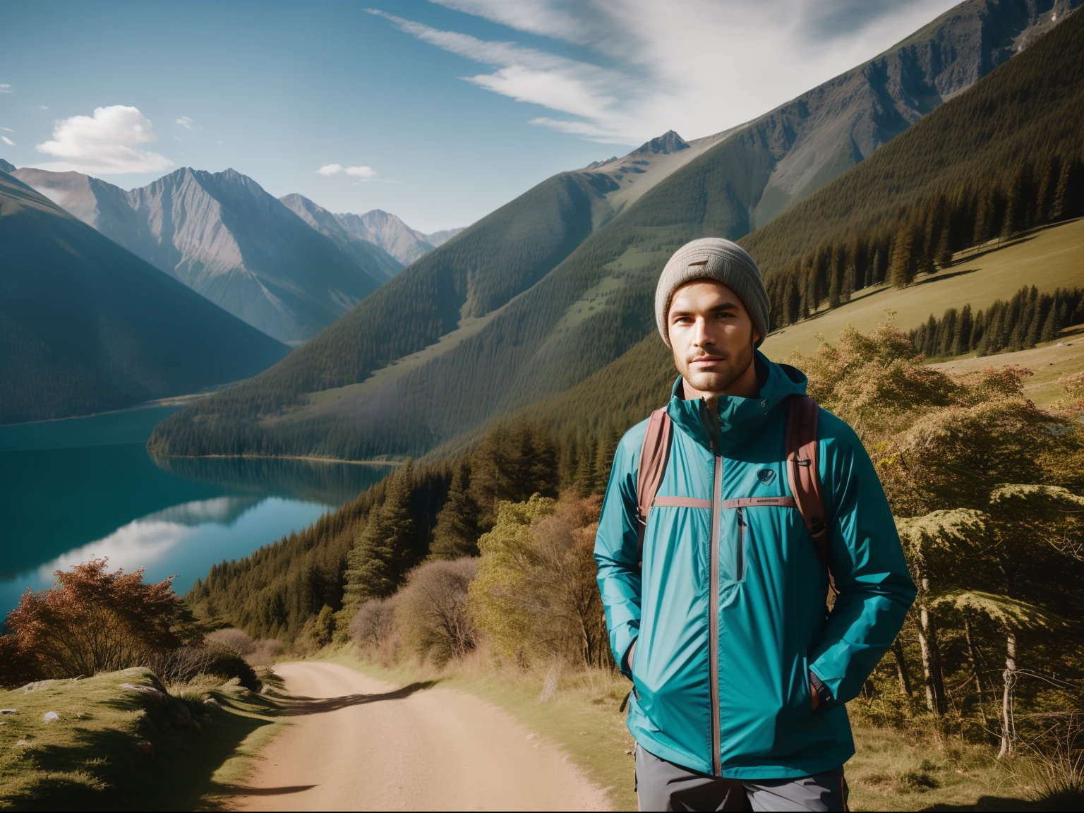 Natural scenery as background, mountain ranges, ln the forest, lakes, camp, A model in outdoor clothing, Comfortable hiking shoes, Model standing on a hillside, The colors of nature are used as the main color scheme